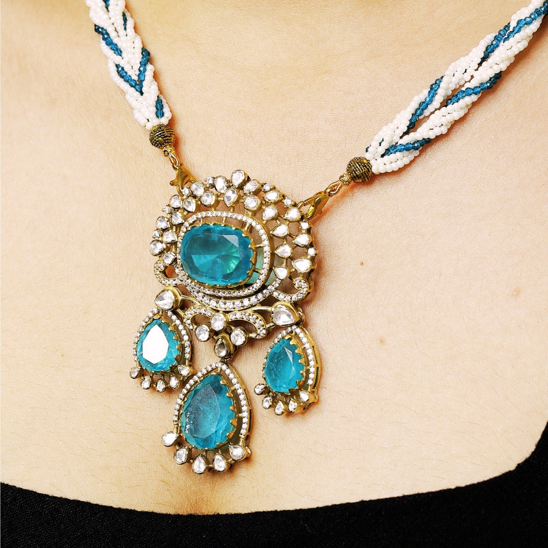 Ocean Blue Kundan Polki Drop Pendant Necklace