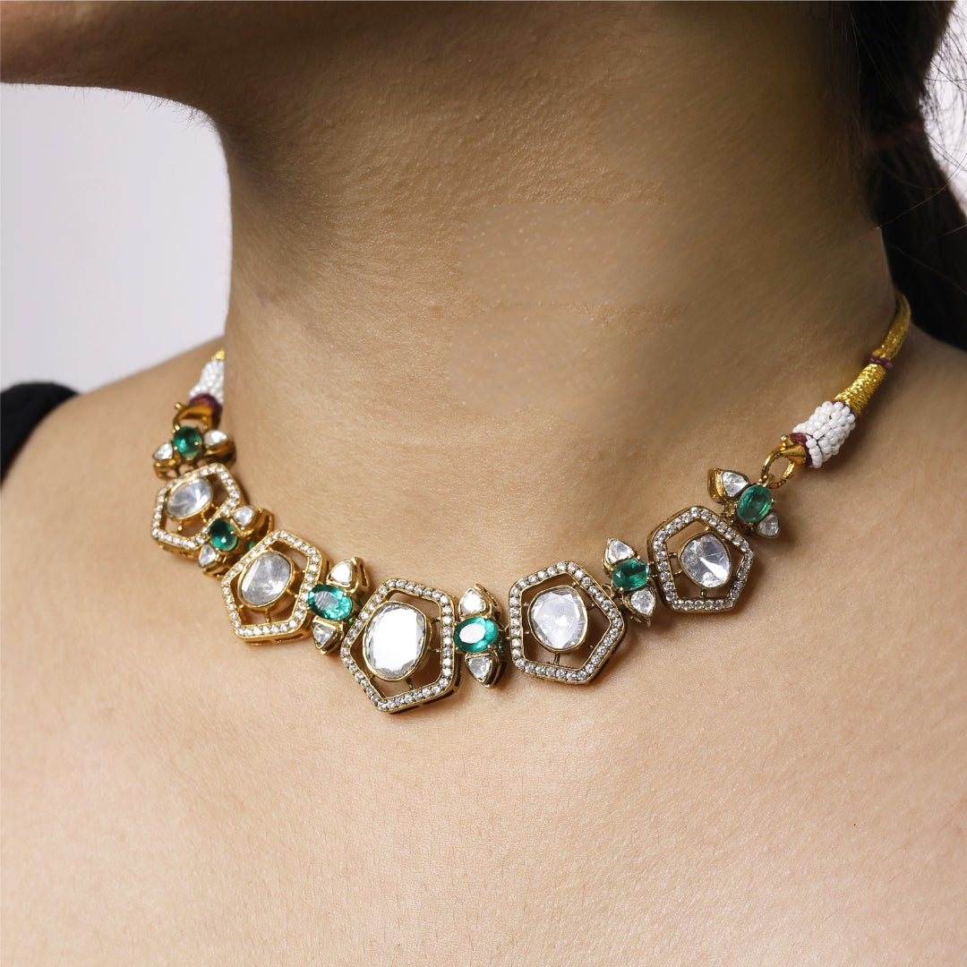 Emerald Accent Kundan Polki Choker Necklace