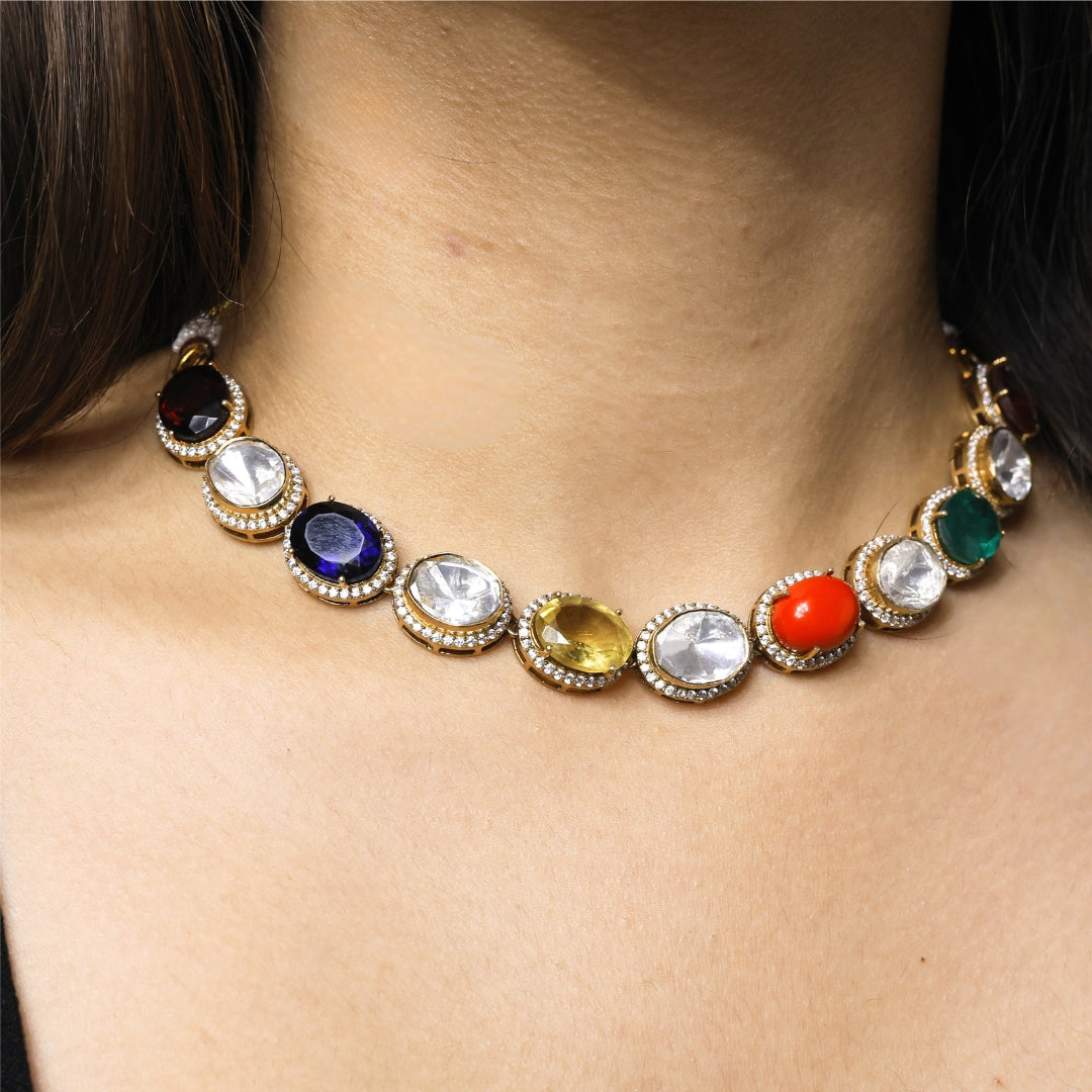Multicolor Gemstone Kundan Polki Choker Necklace