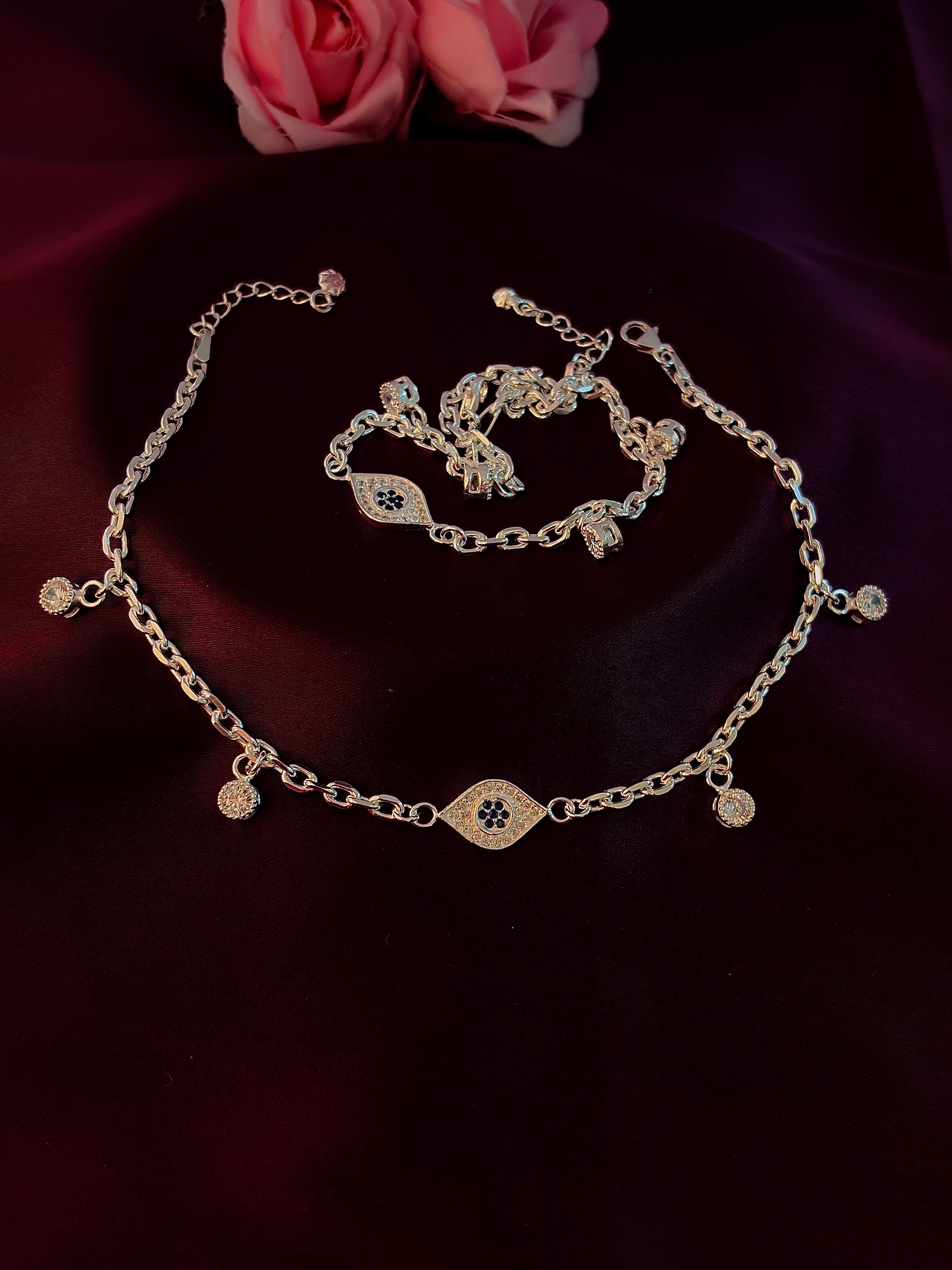 925 Sterling Silver Evil Eye Charm Anklet Set
