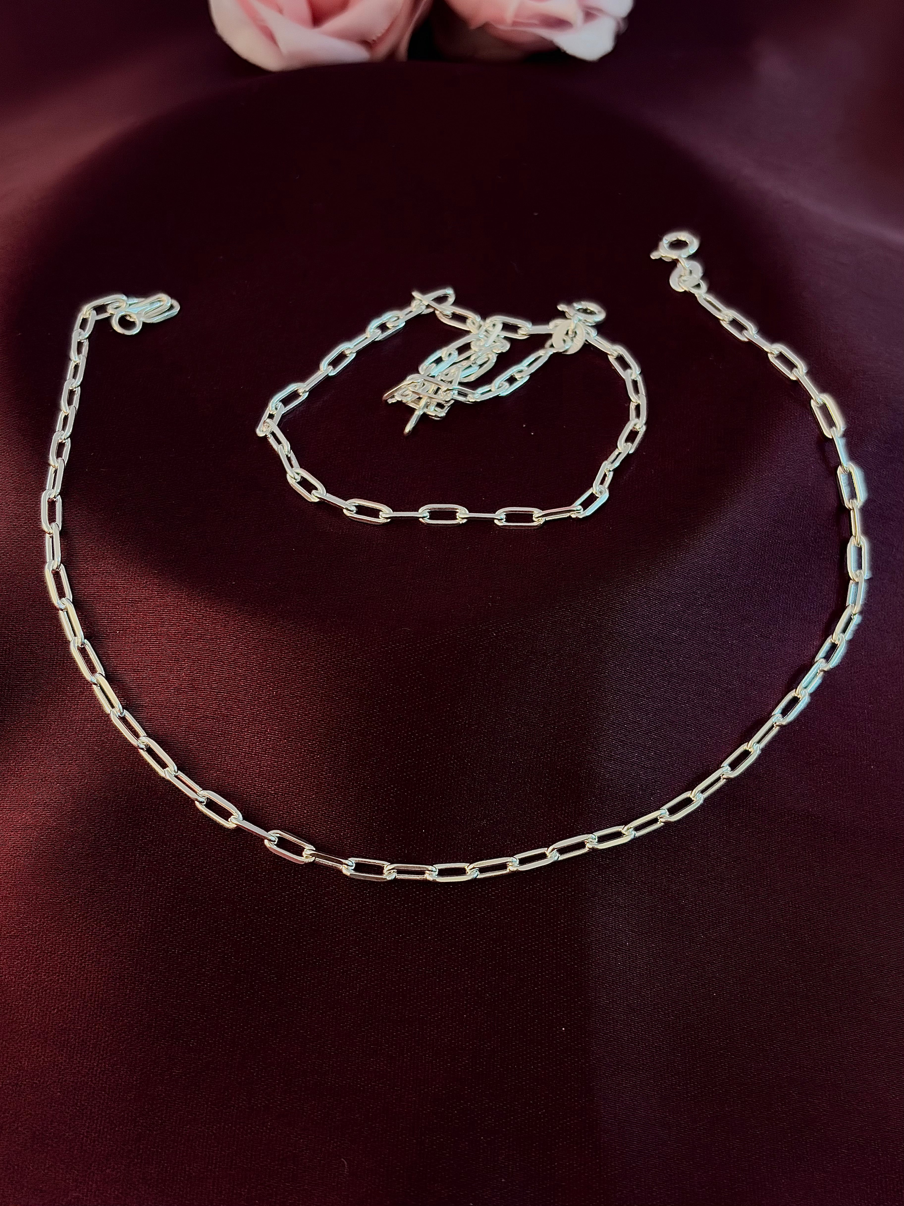 925 Sterling Silver Paperclip Chain Anklet Set