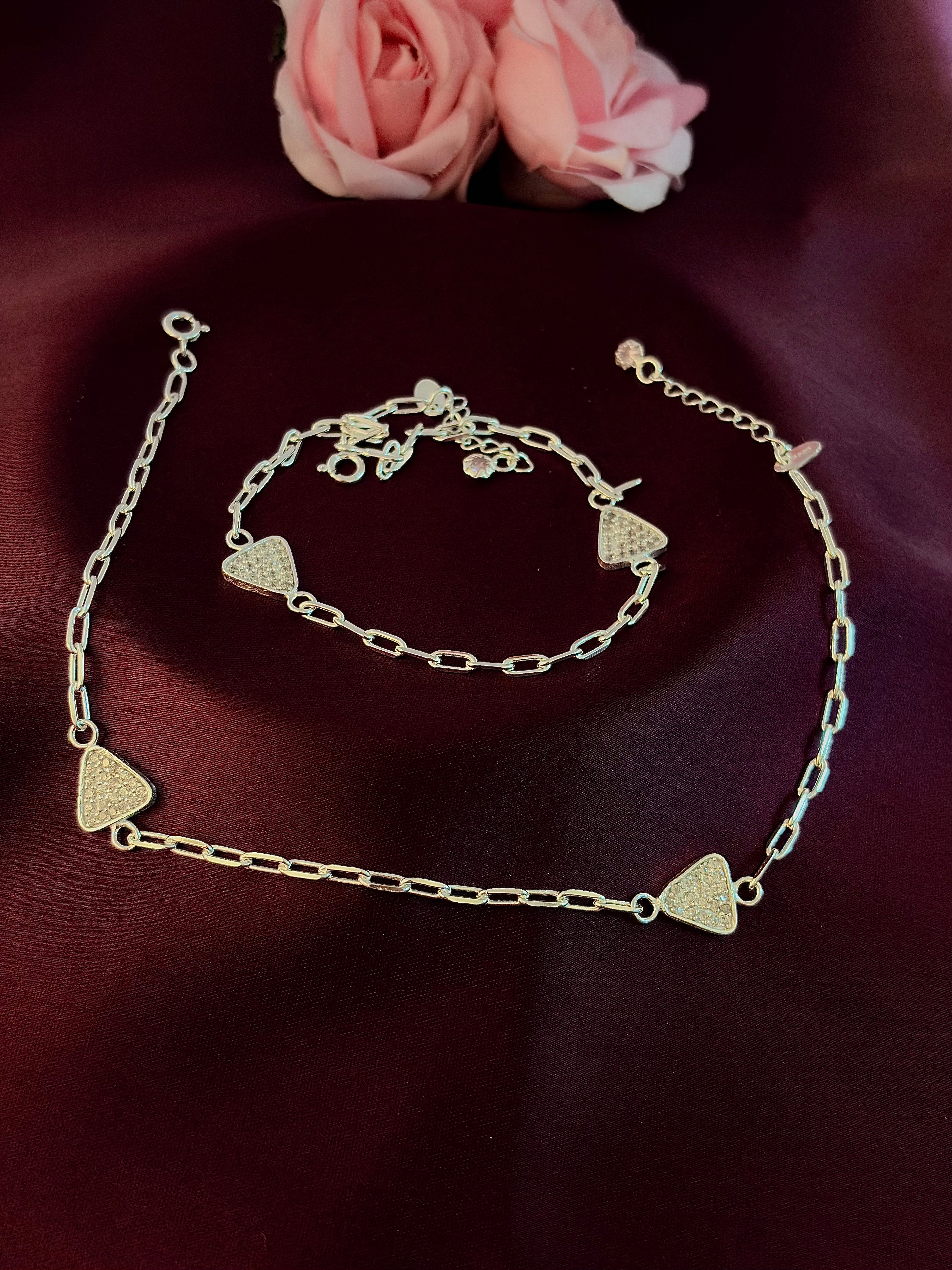 925 Sterling Silver Geometric CZ Anklet Set