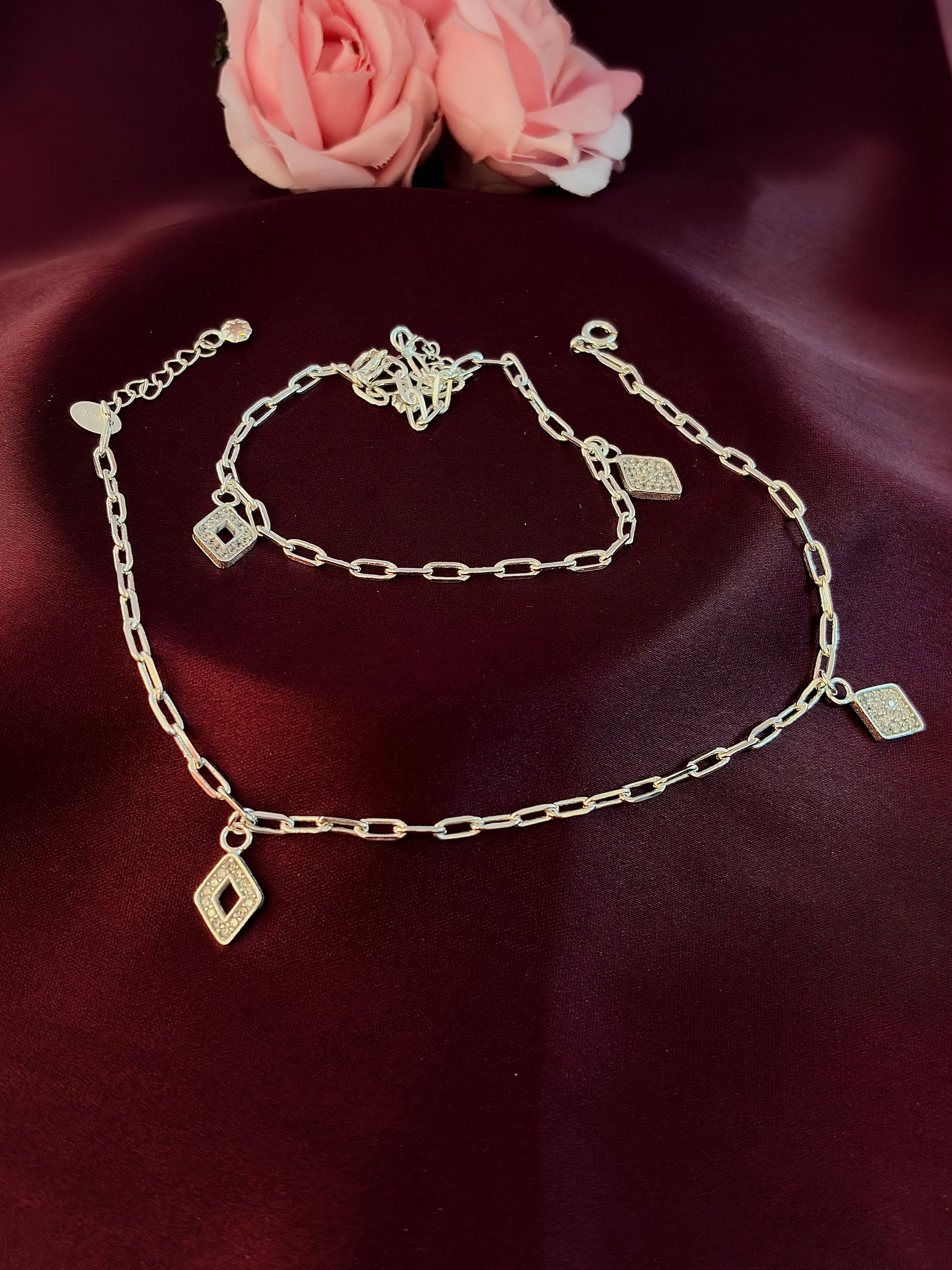 925 Sterling Silver Diamond Charm Anklet Set