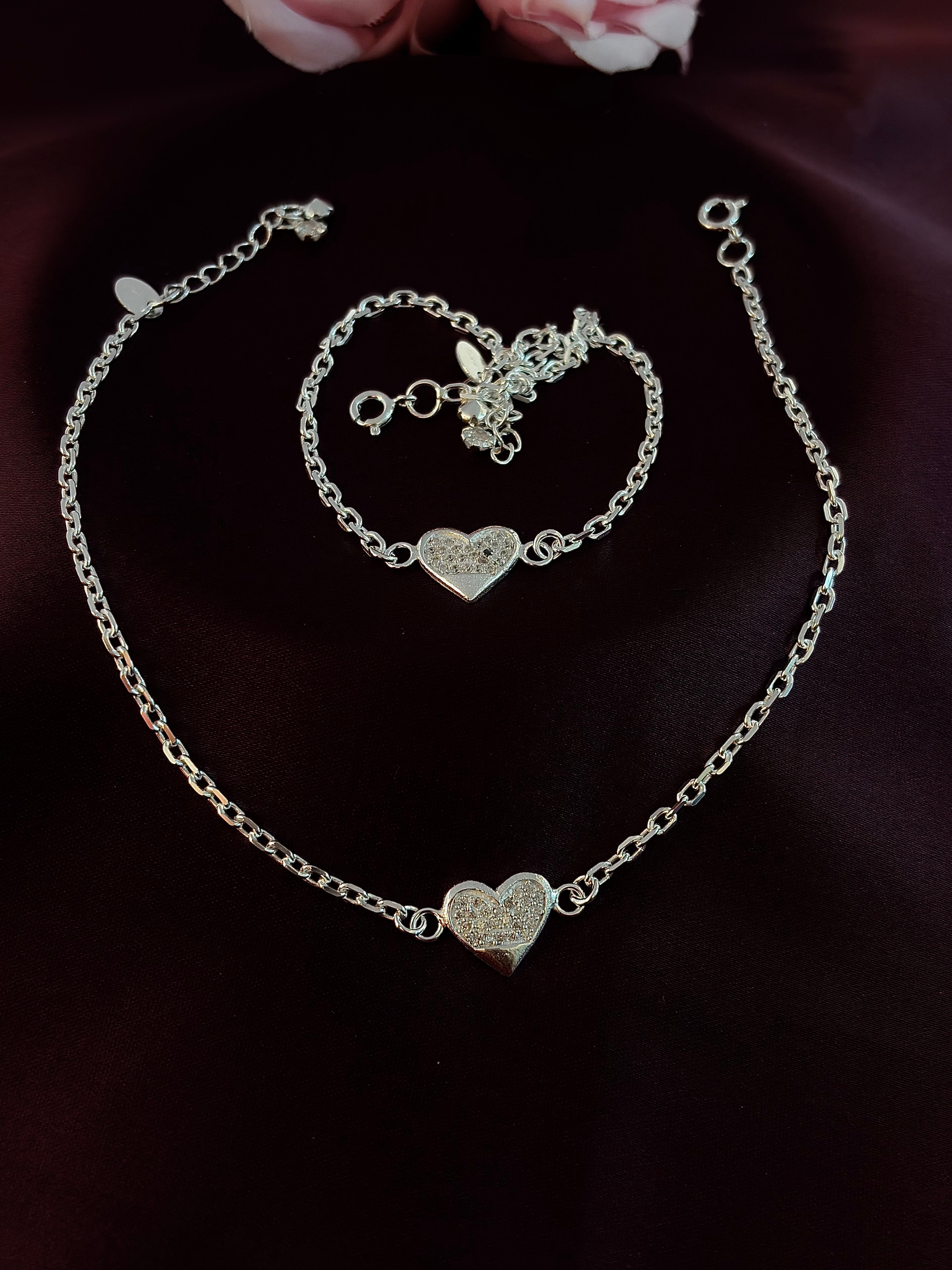 925 Sterling Silver Heart Charm Anklet Set