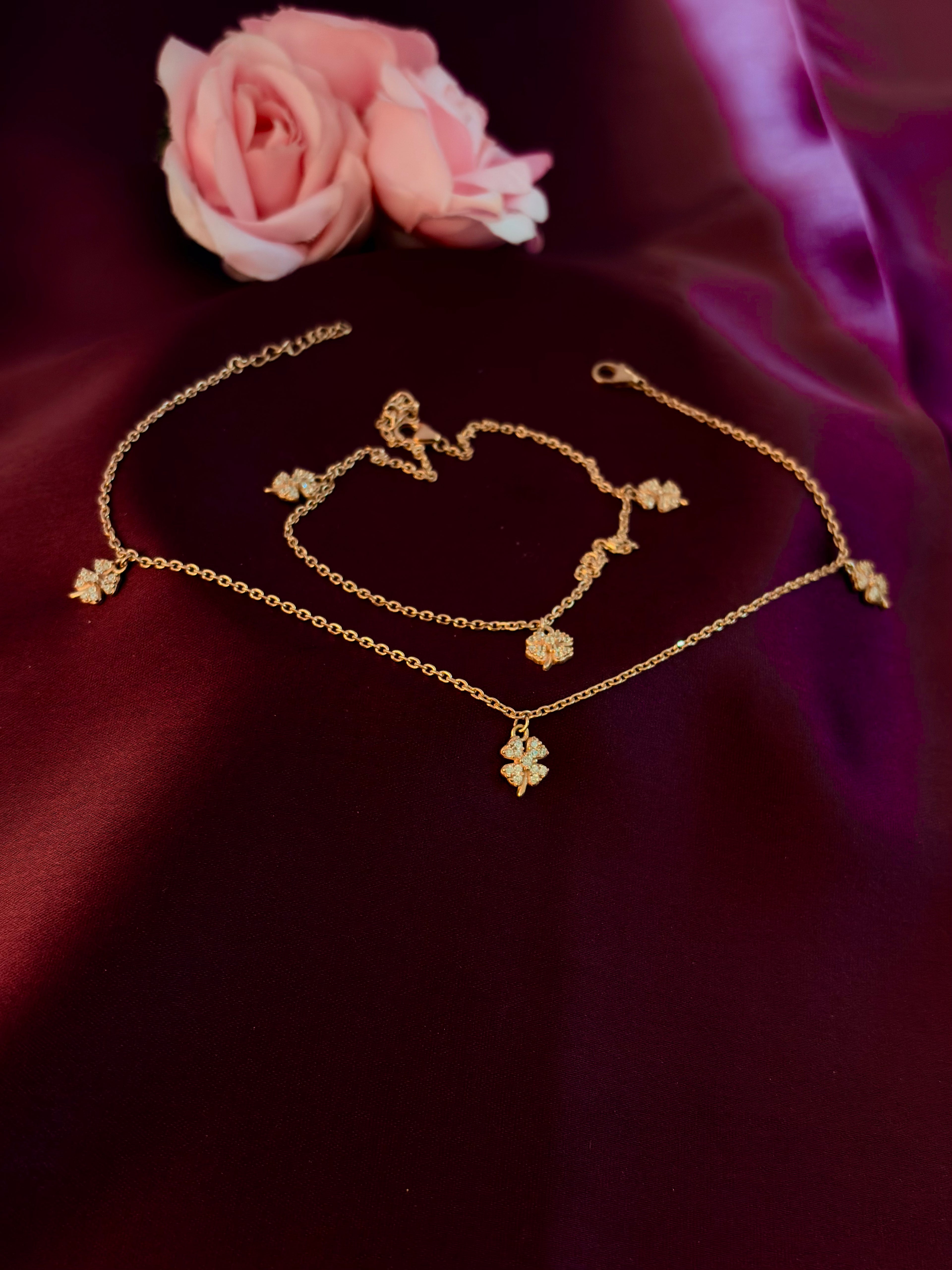 925 Sterling Silver Four Leaf Clover Anklet Set