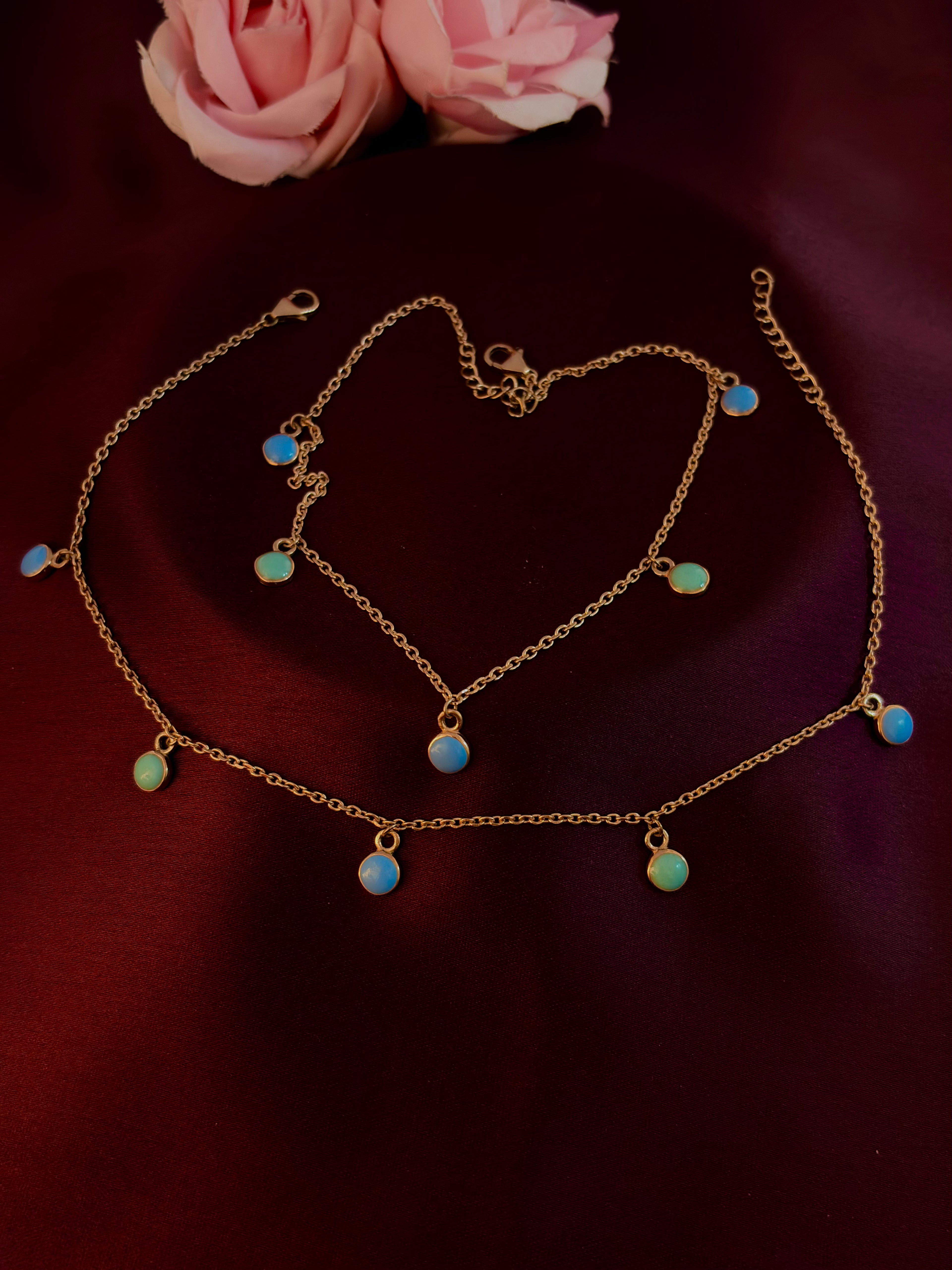925 Sterling Silver Blue Opal Charm Anklet Set
