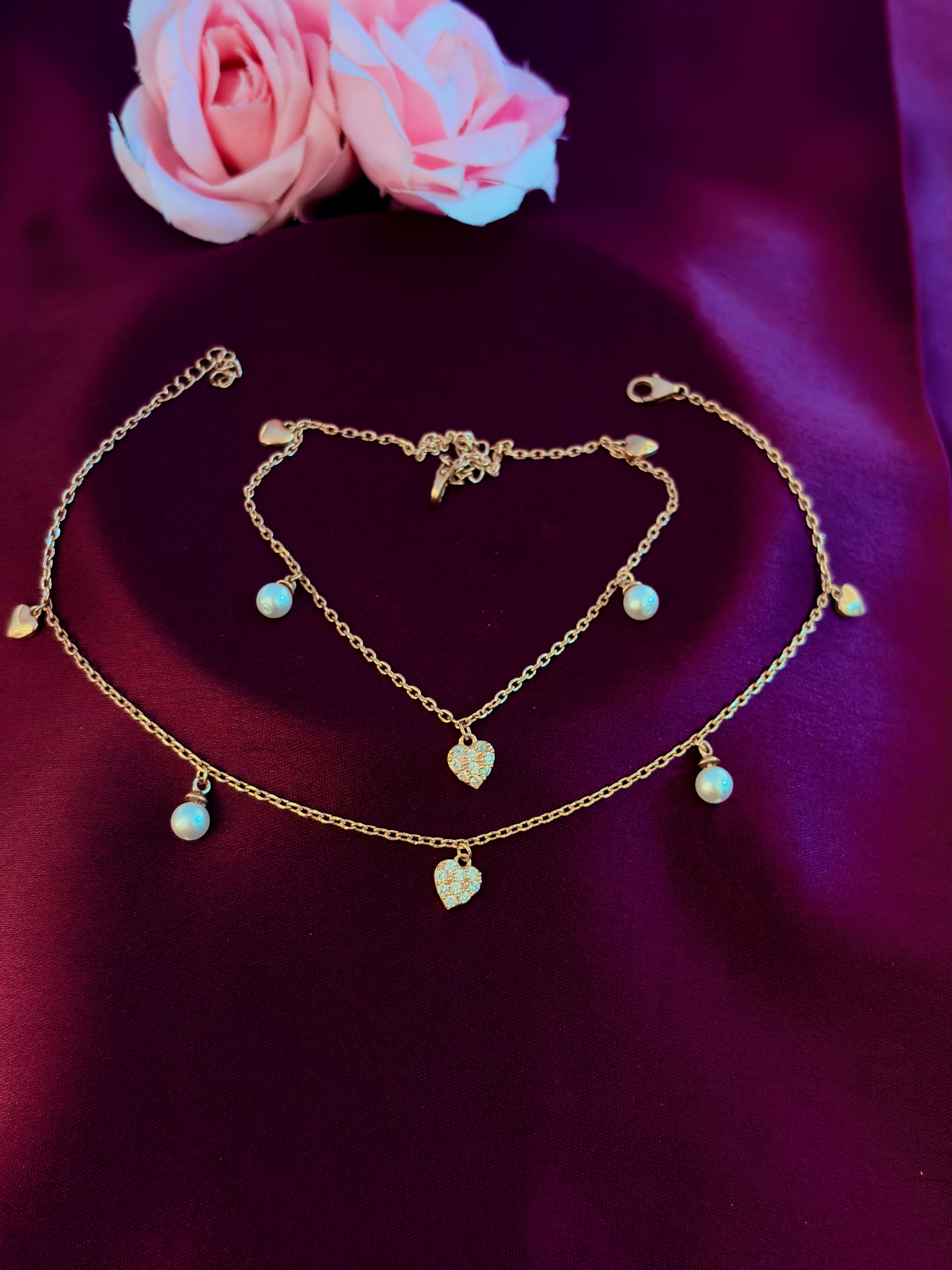 925 Sterling Silver Heart & Pearl Charm Anklet Set