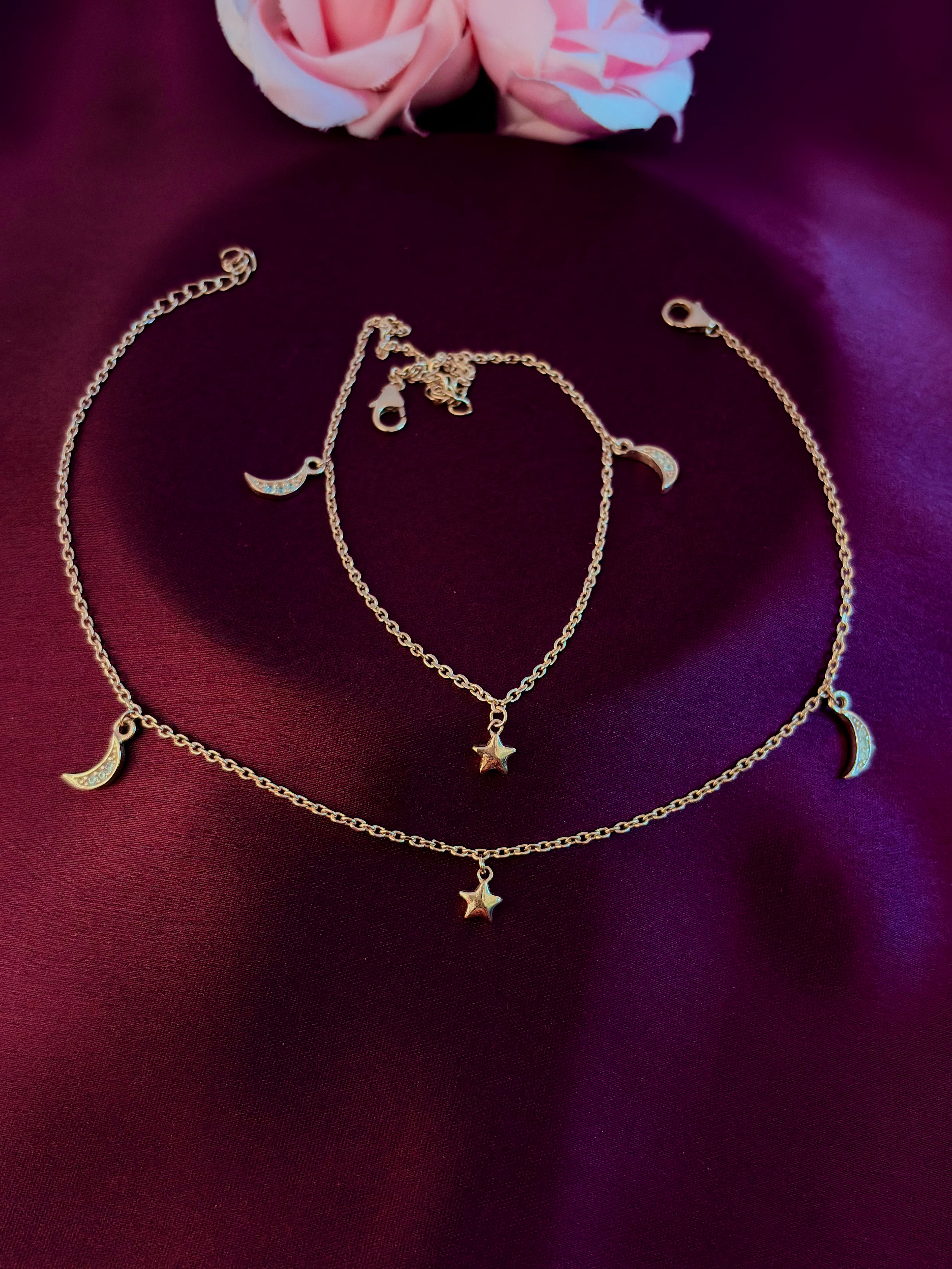 925 Sterling Silver Moon & Star Charm Anklet Set