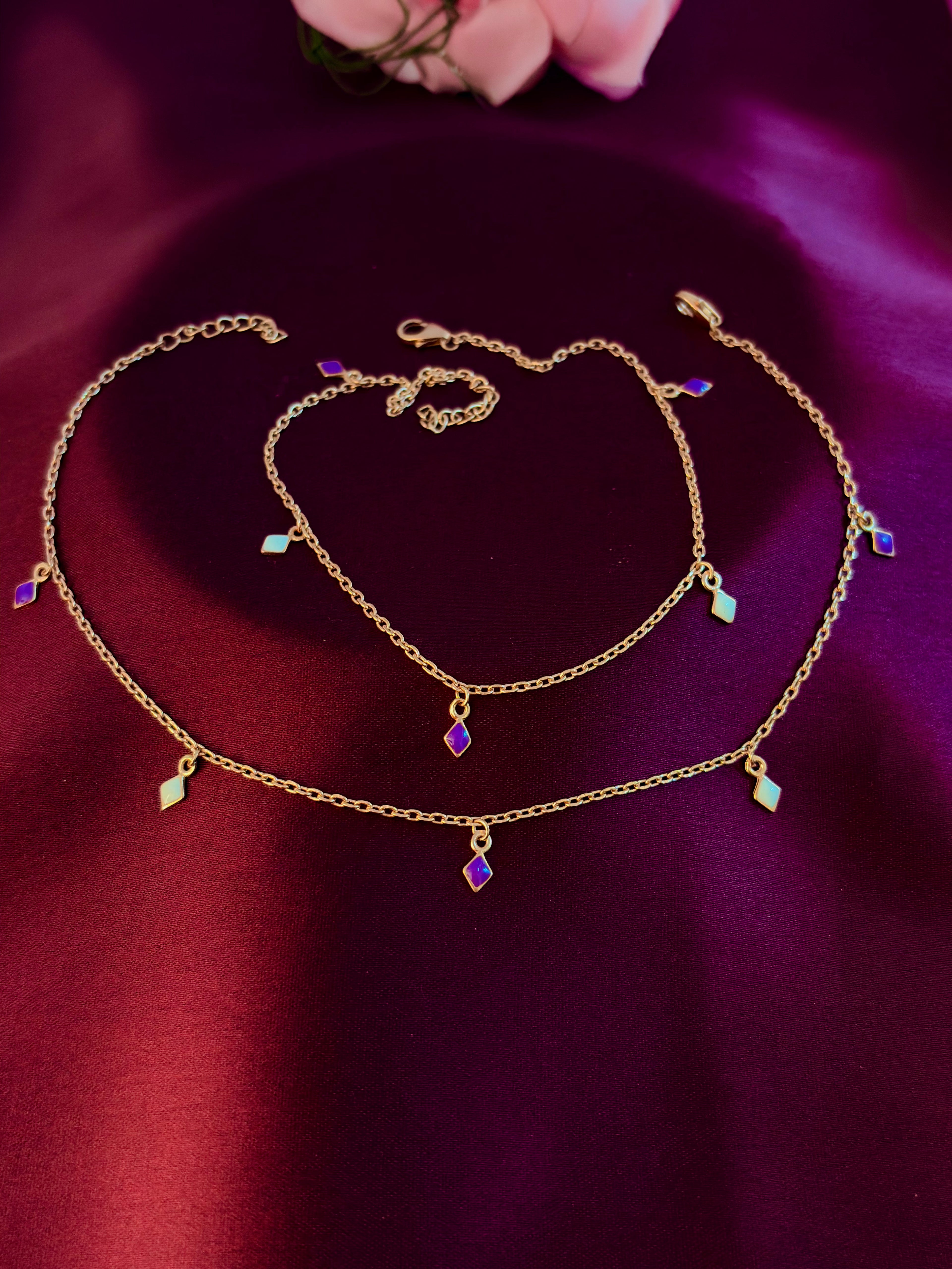 925 Sterling Silver Geometric Opal Charm Anklet Set