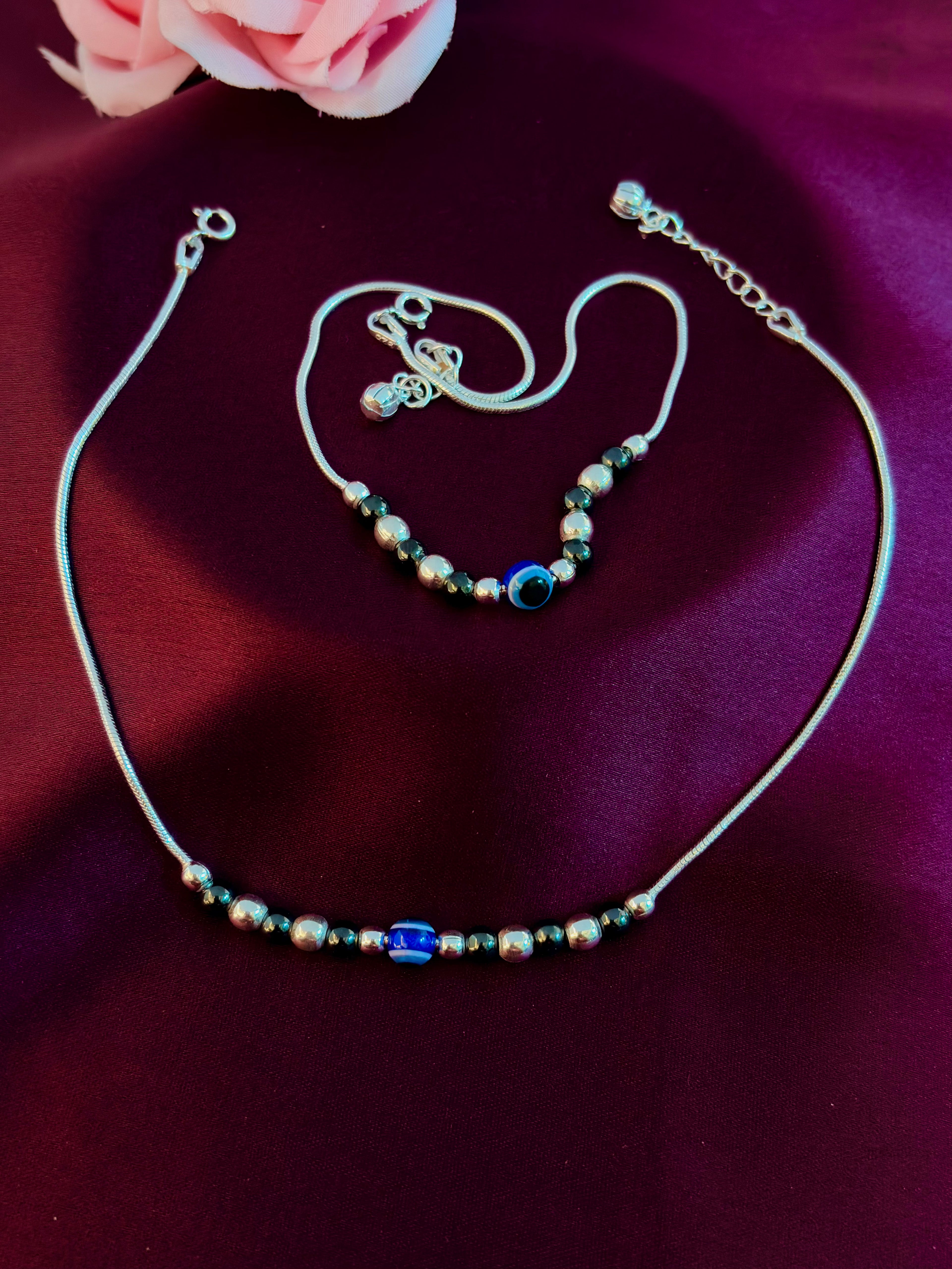 925 Sterling Silver Evil Eye Beaded Anklet Set