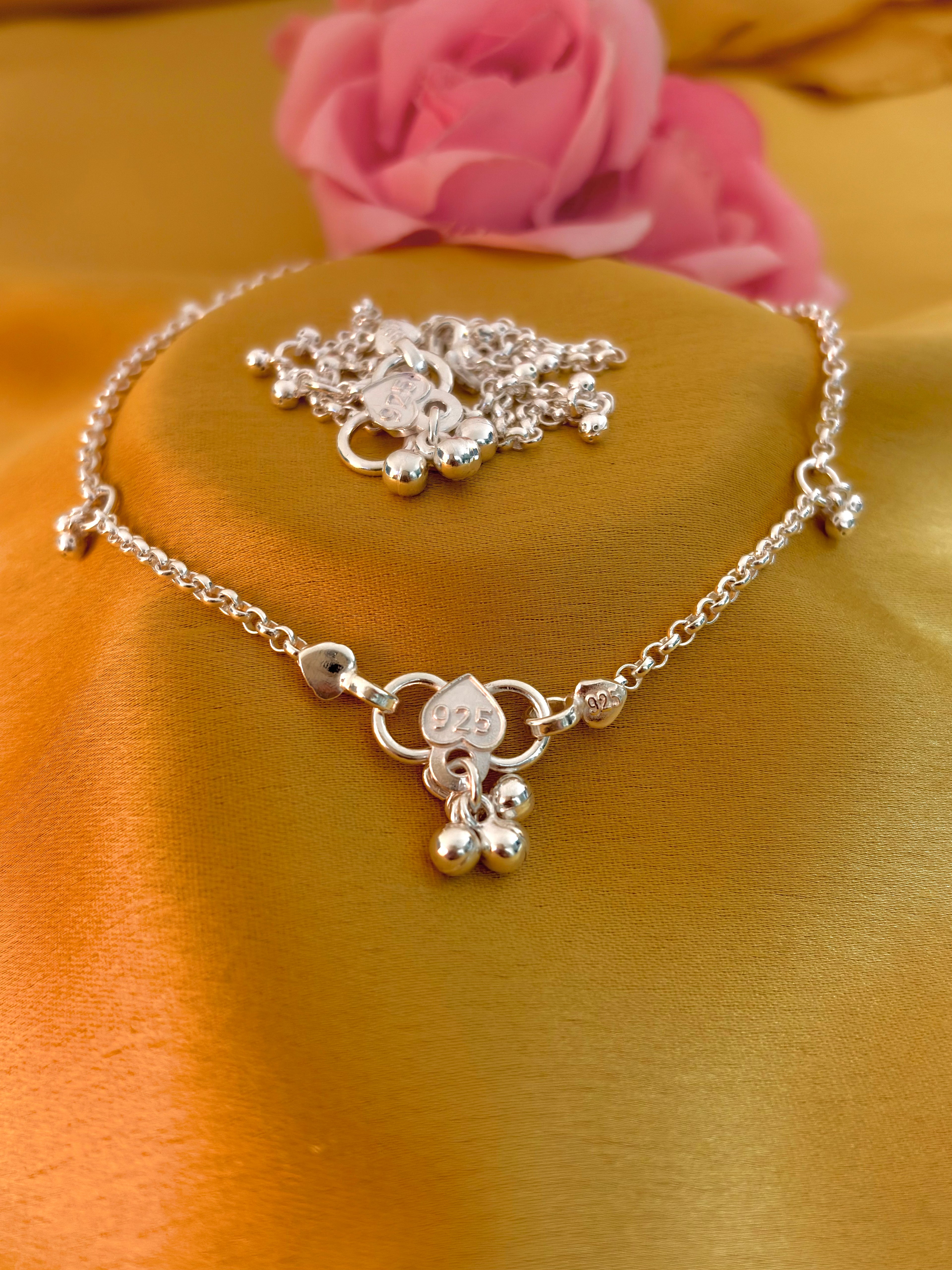92.5 Sterling Silver Heart Charm Anklet with Ghungroo Beads