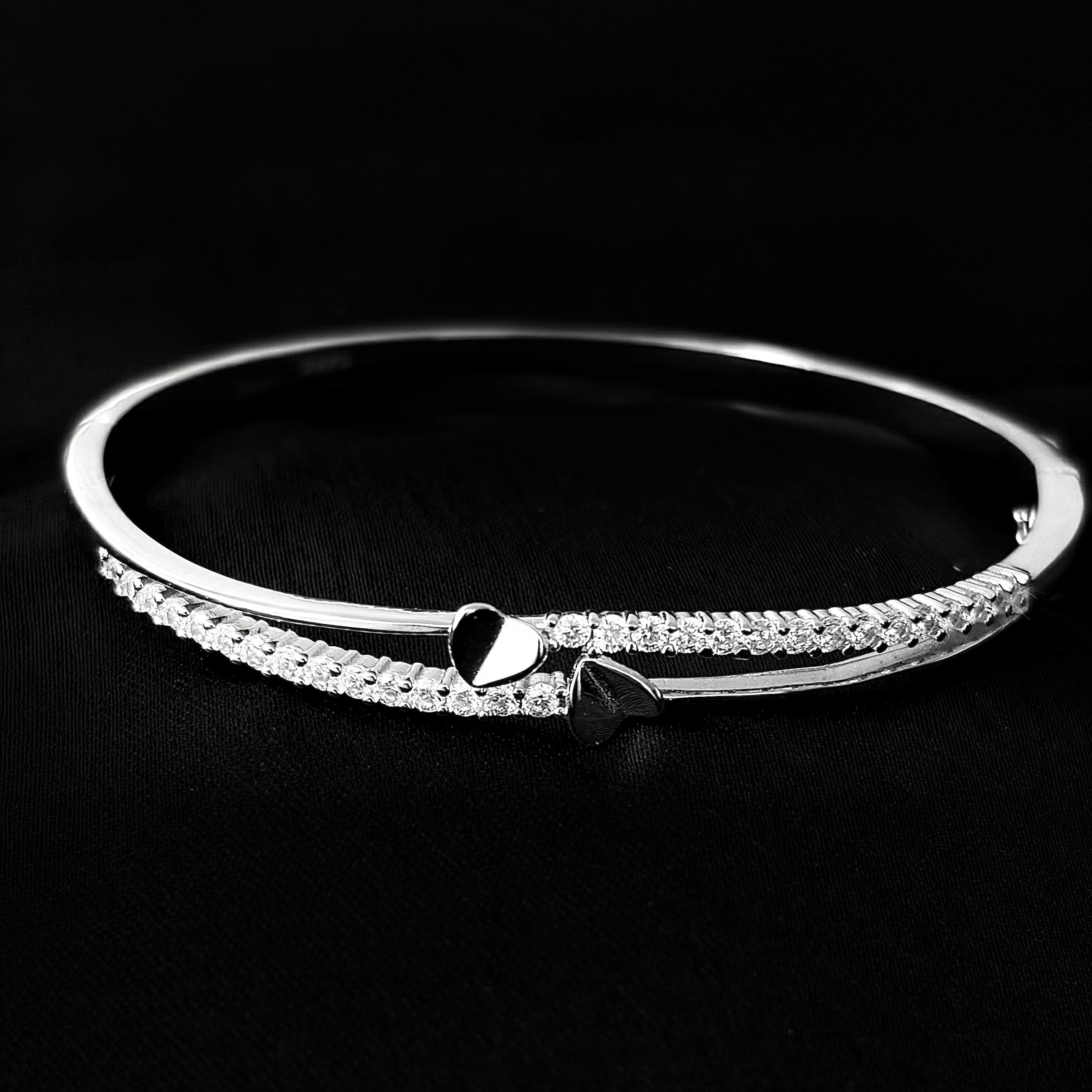 Timeless Love Sterling Silver Heart Bangle with Sparkling Stone Finish