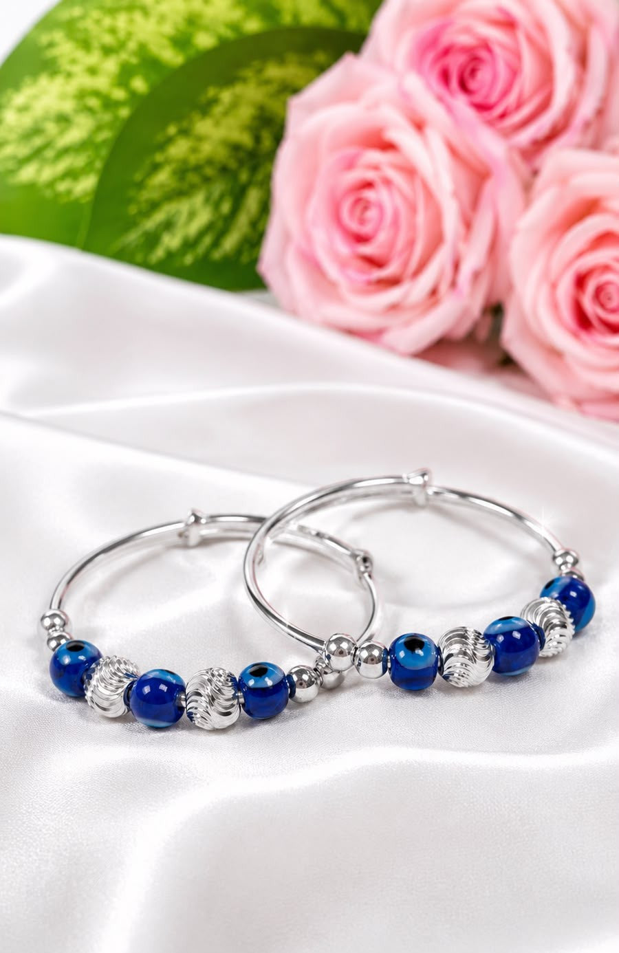 Silver Evil Eye Baby Bangles with Textured Beads