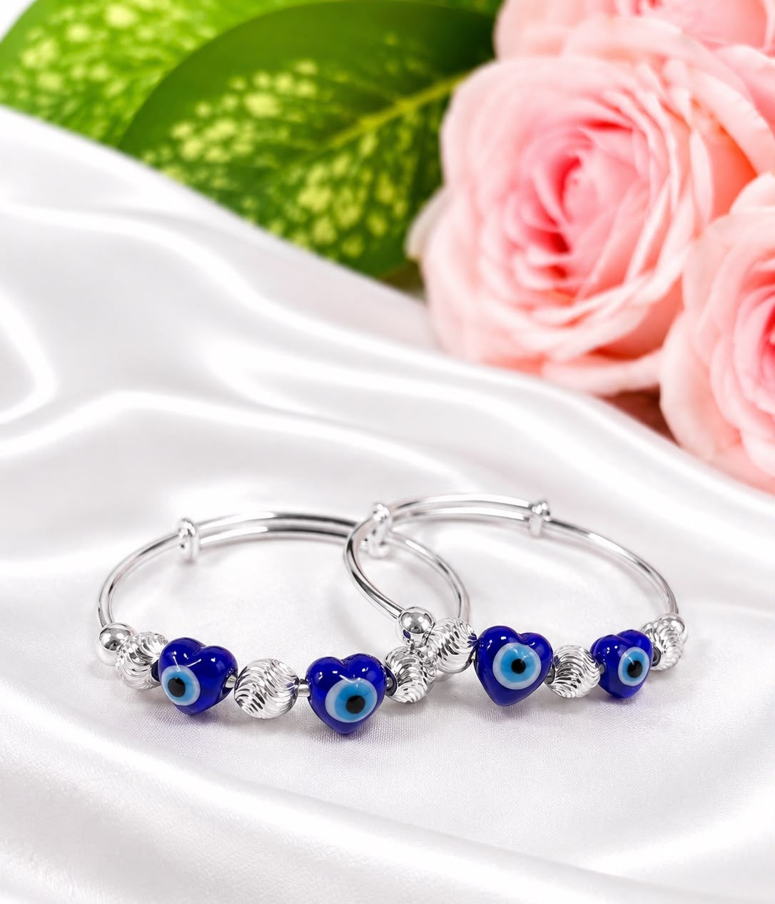 Heart Evil Eye Silver Bangle Set