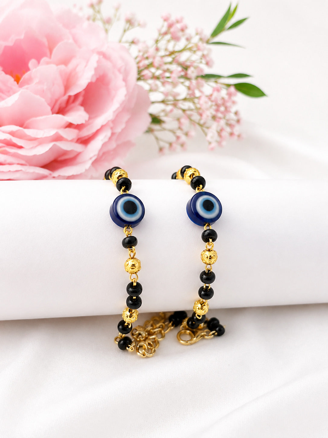 Evil Eye Couple Bracelet Set – Gold Finish Protection Charm  Short Description: