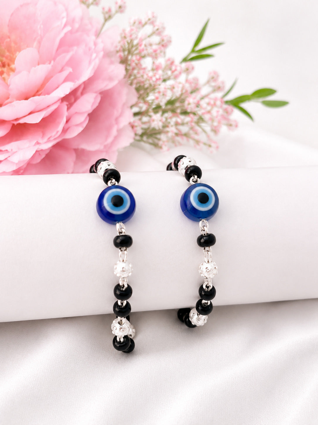 Silver Evil Eye Couple Bracelet Set – Elegant Protection Charm