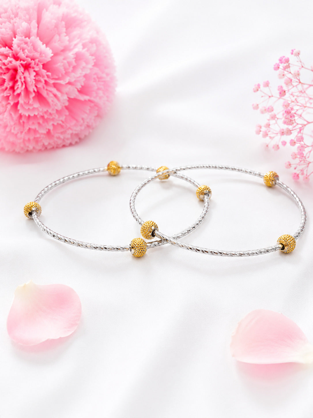 Elegant 92.5 Sterling Silver Bangles with Gold Bead Accents