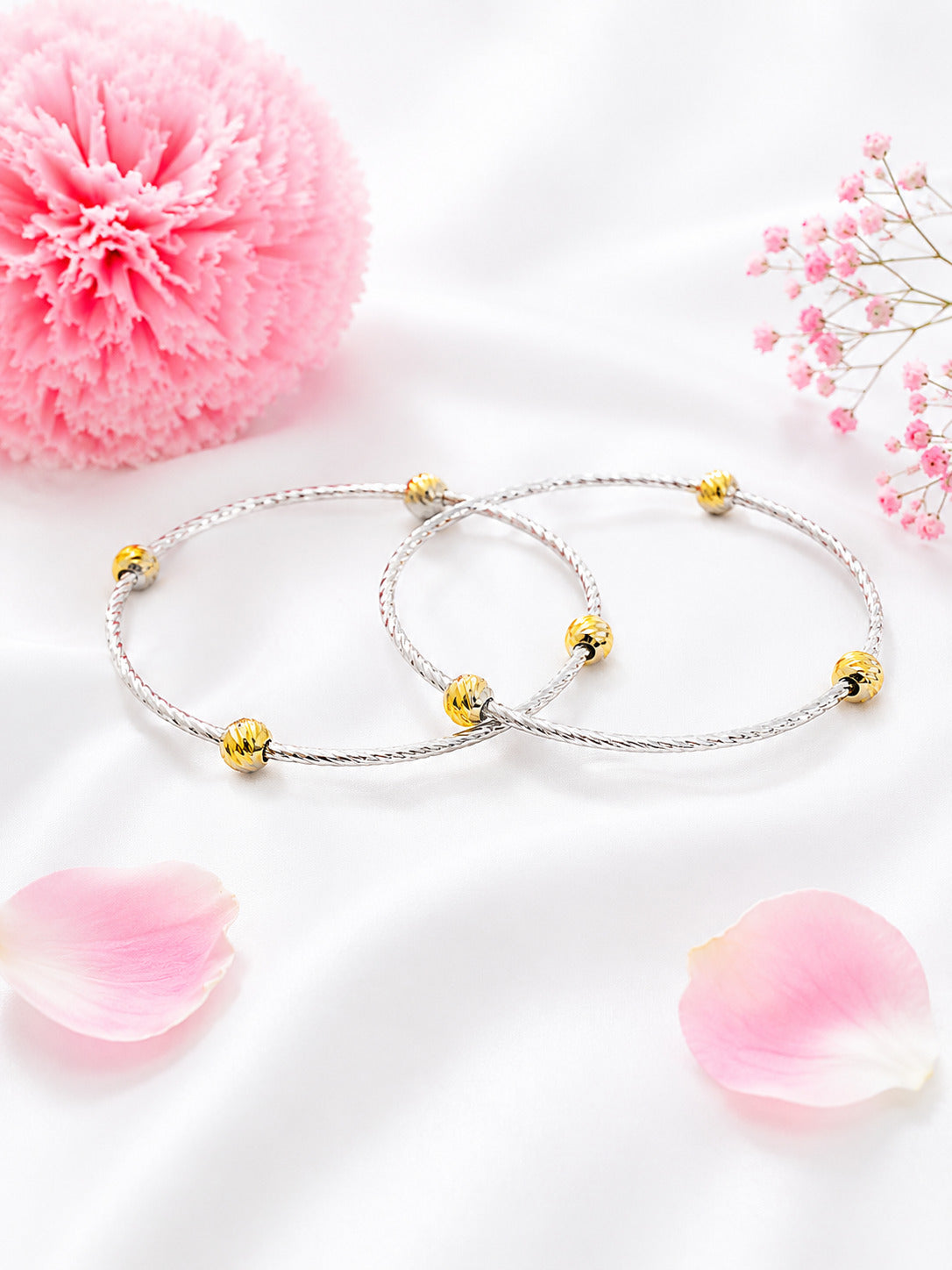 Classic 92.5 Sterling Silver Bangles with Gold-Tone Beads