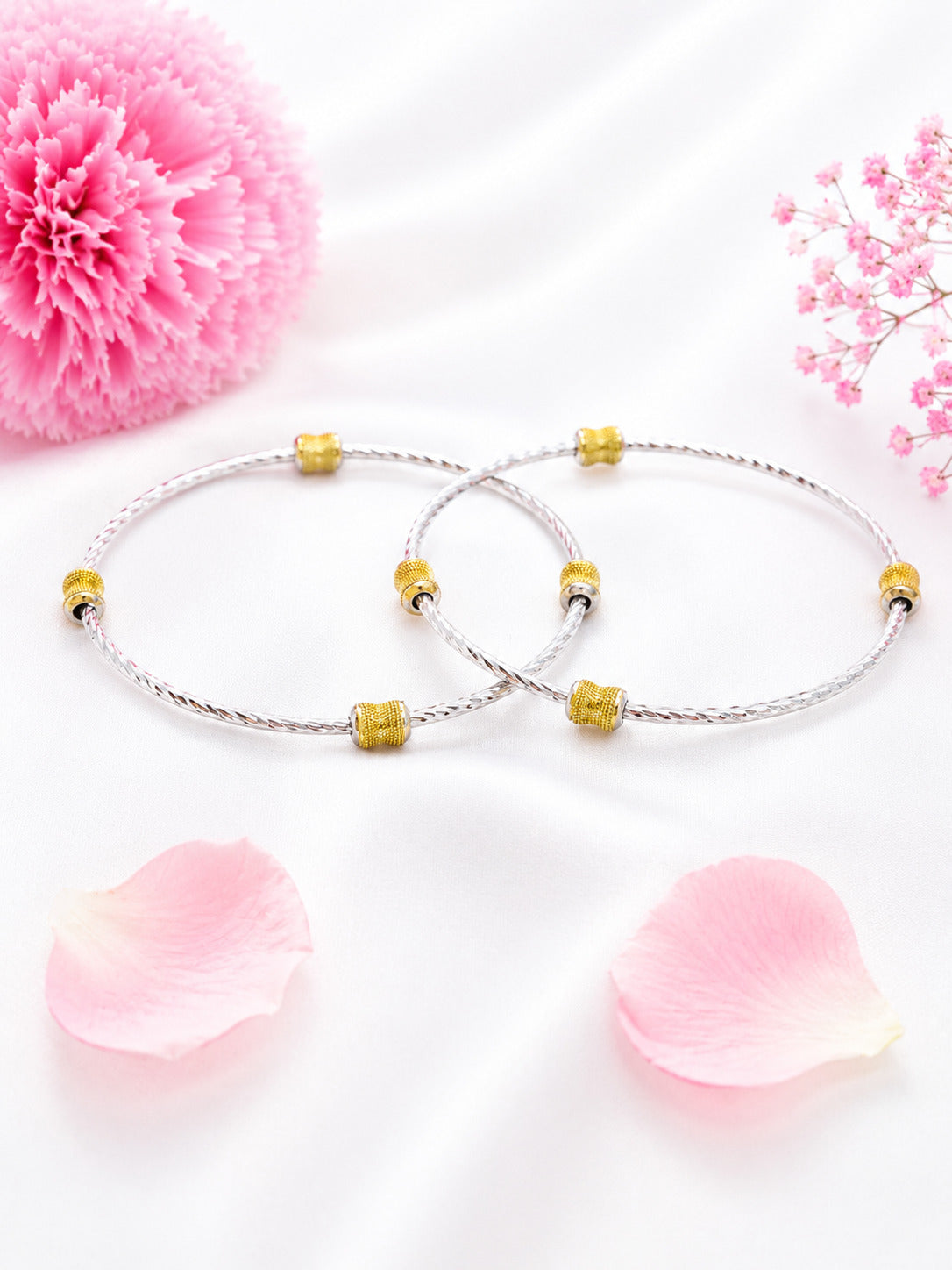 Premium 92.5 Sterling Silver Bangles with Textured Gold Beads