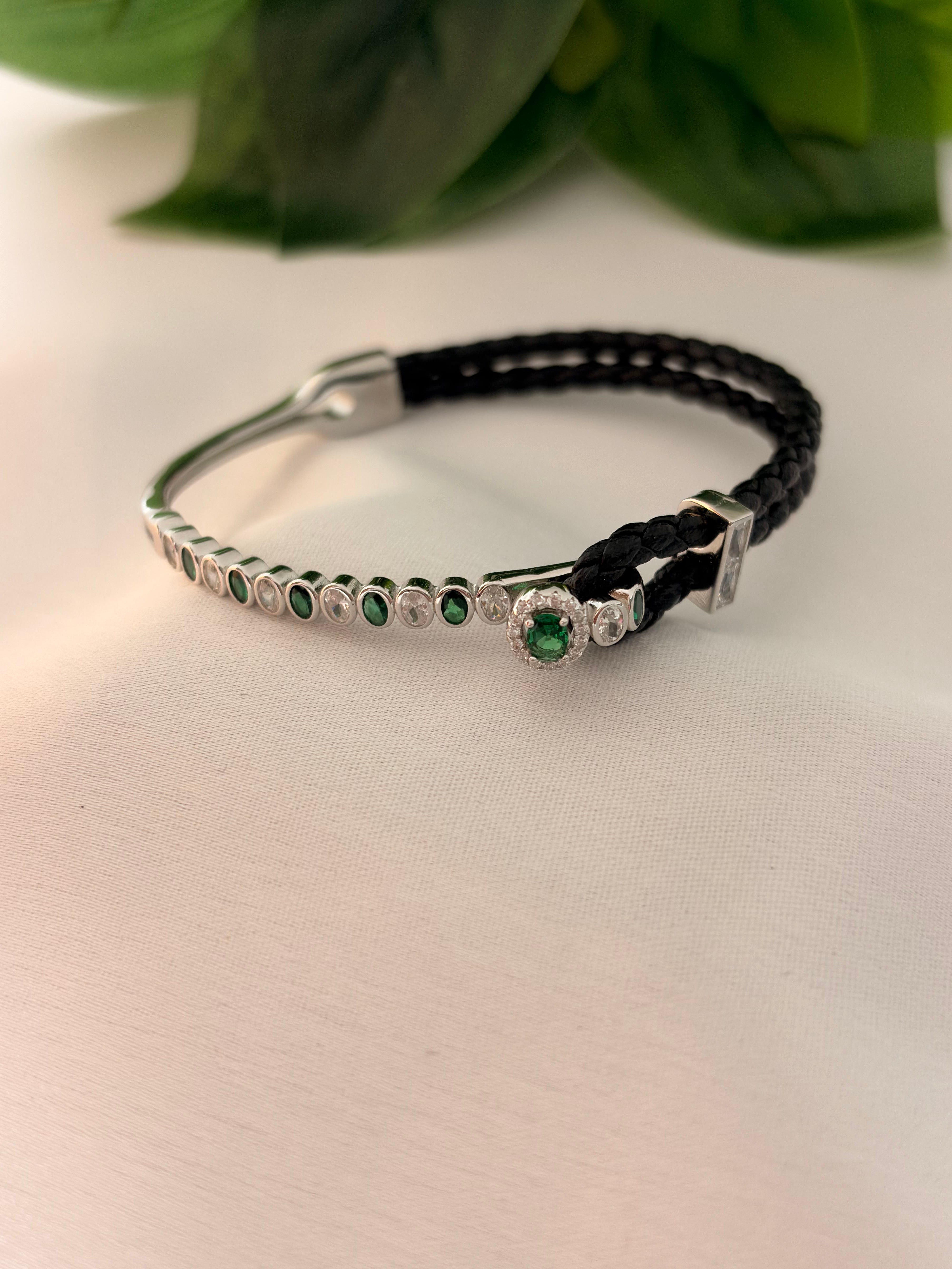Emerald Charm Braided Silver Bracelet