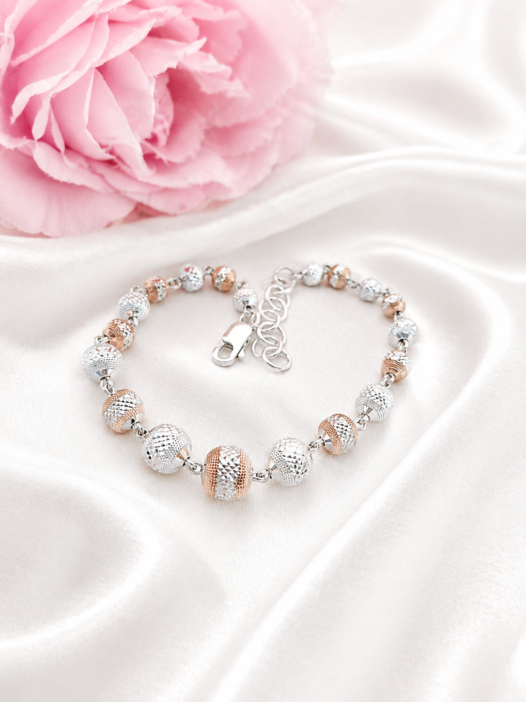 Elegant 92.5 Sterling Silver Two-Tone Beaded Bracelet