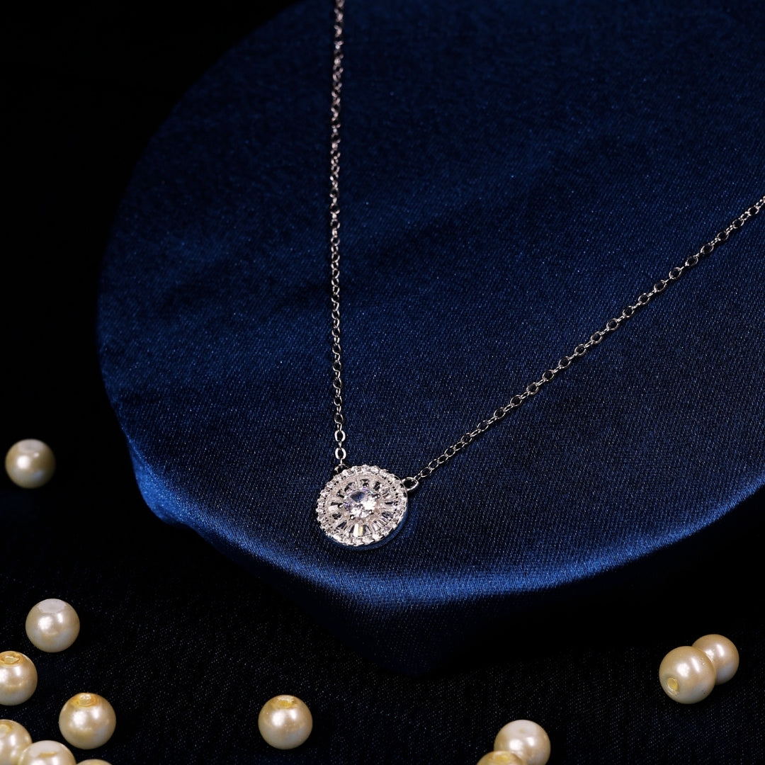 92.5  Sterling Silver Round Cubic Zircon Halo Pendant Chain