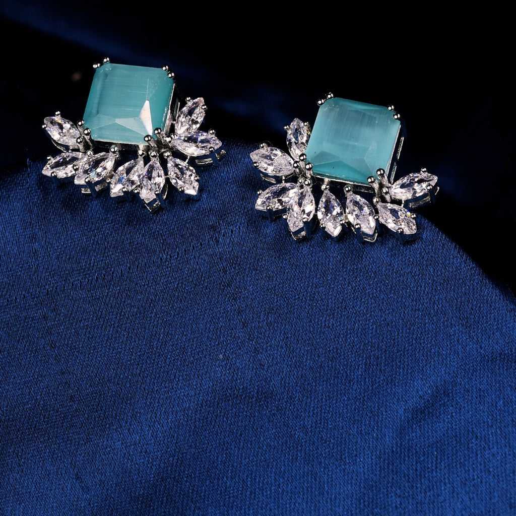 92.5 Sterling Silver Light green Stone Floral Stud Earrings