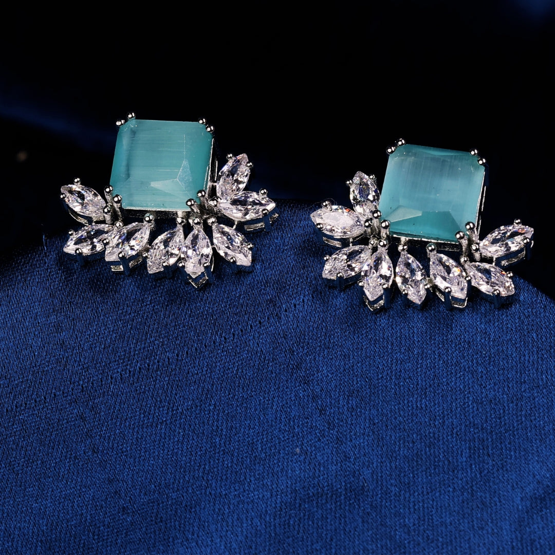 92.5 Sterling Silver Light green Stone Floral Stud Earrings