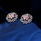 92.5 Sterling Silver Cubic Zircon with Pink Stone Floral Stud Earrings