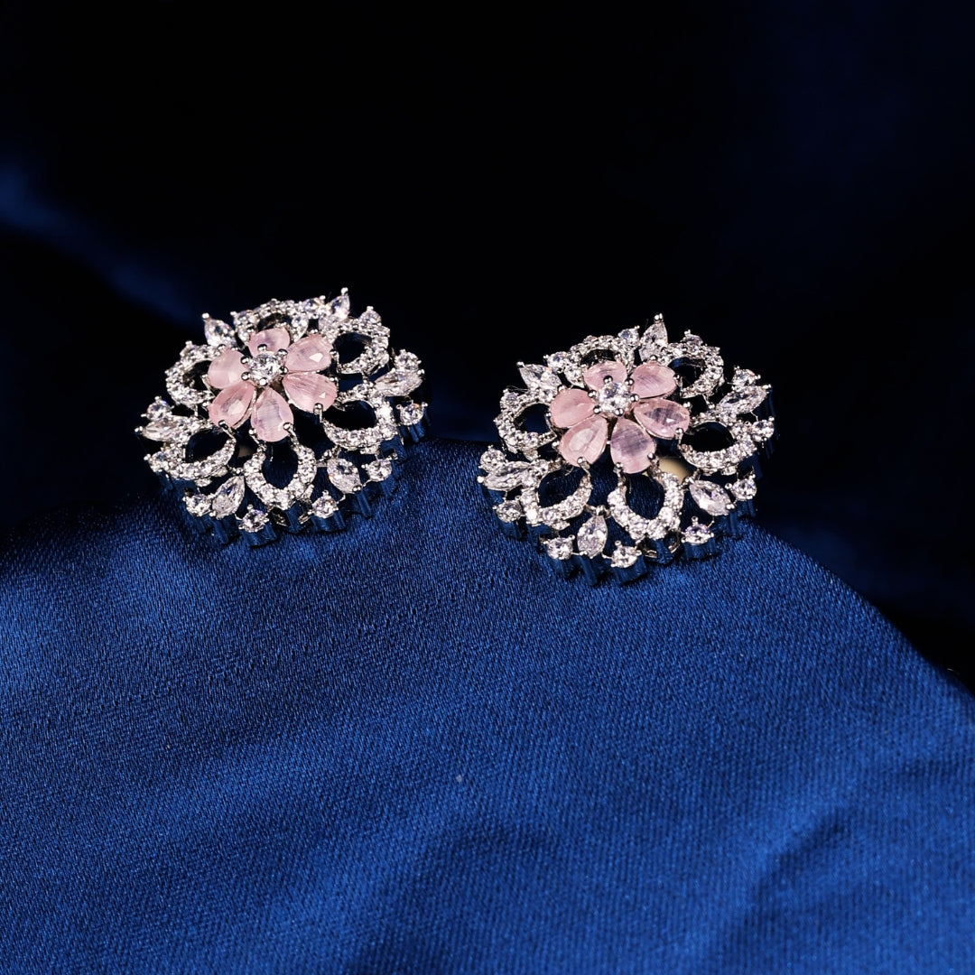 92.5 Sterling Silver Cubic Zircon with Pink Stone Floral Stud Earrings