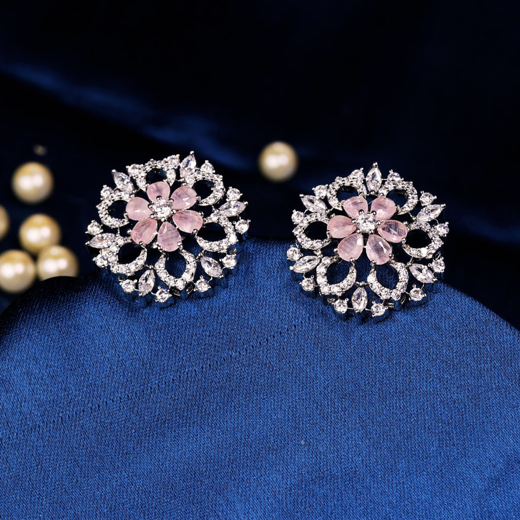 92.5 Sterling Silver Cubic Zircon with Pink Stone Floral Stud Earrings
