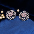 92.5 Sterling Silver Cubic Zircon with Pink Stone Floral Stud Earrings