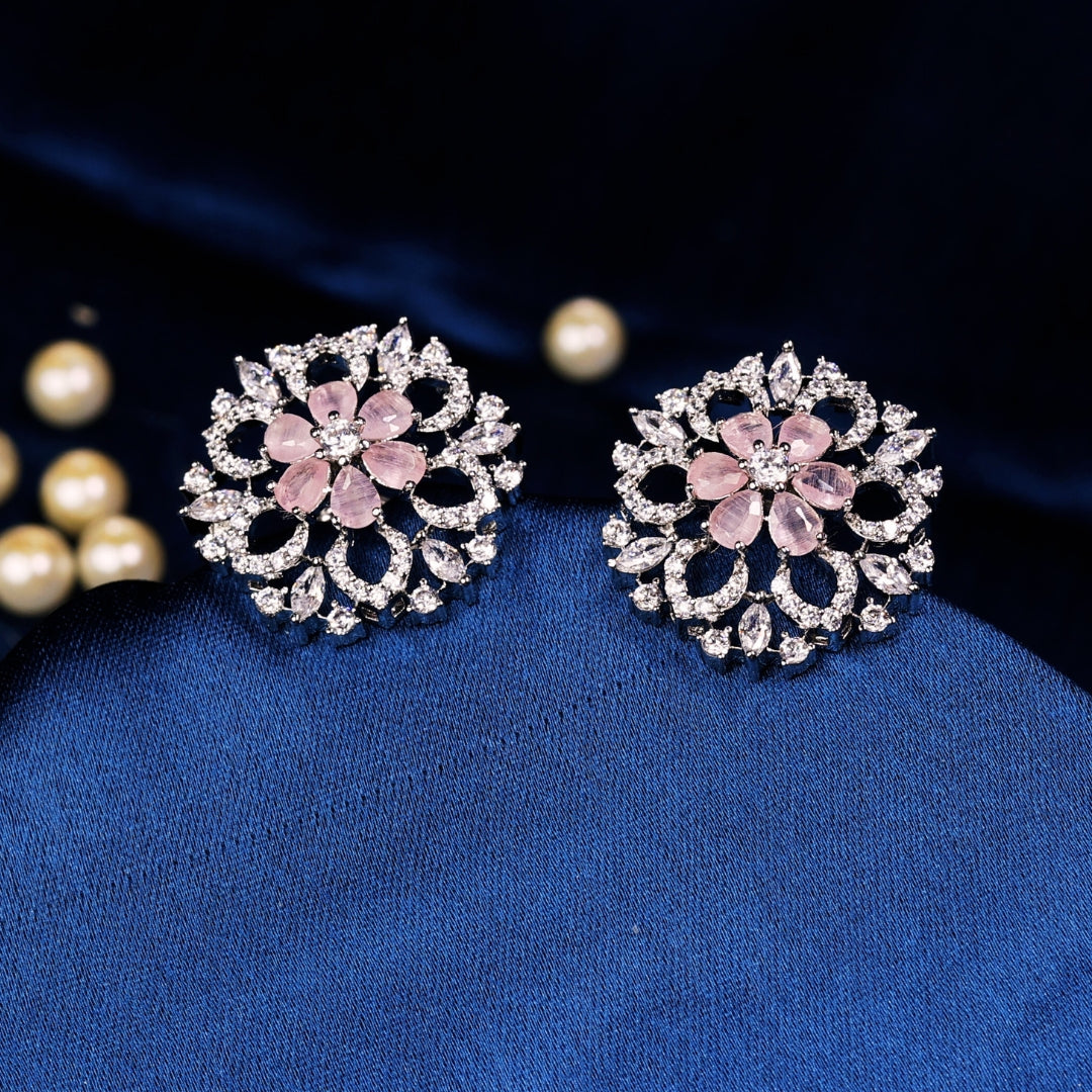 92.5 Sterling Silver Cubic Zircon with Pink Stone Floral Stud Earrings
