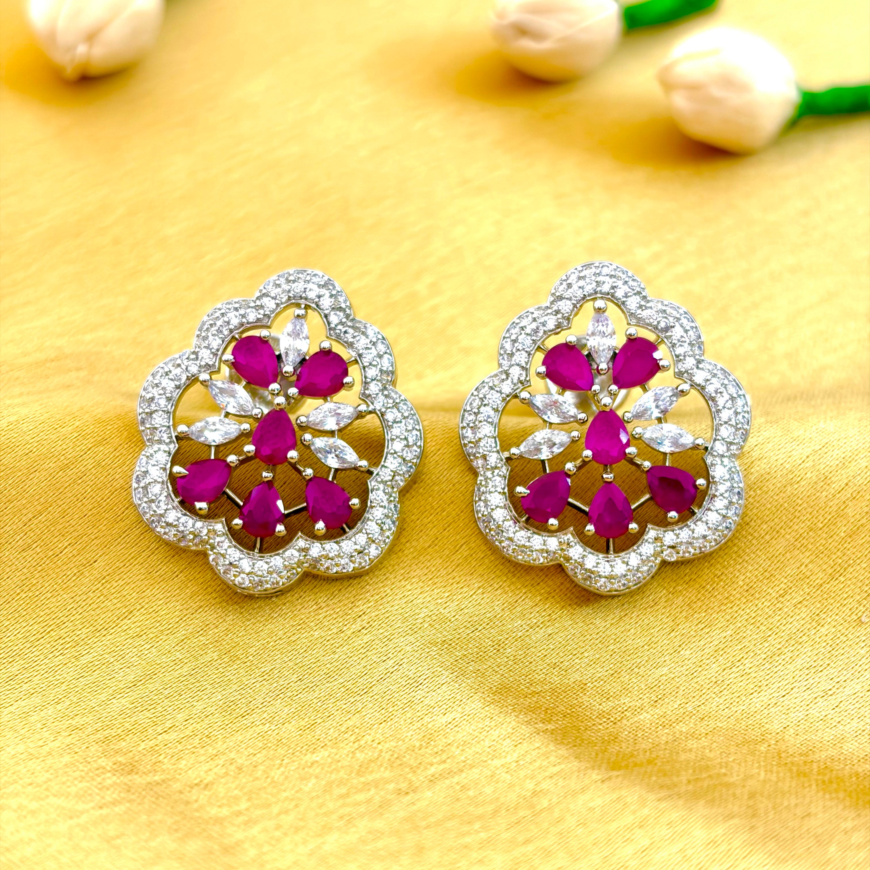 92.5 Sterling Silver Ruby-Pink Cubic Zircon Floral Stud Earrings
