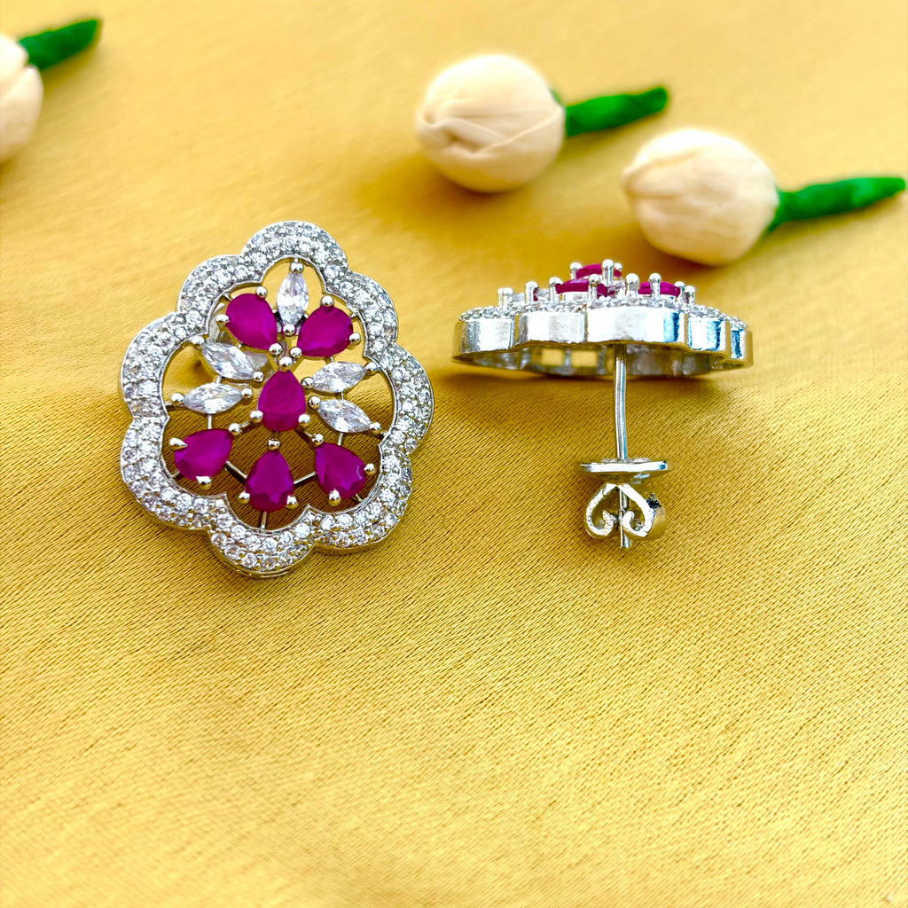 92.5 Sterling Silver Ruby-Pink Cubic Zircon Floral Stud Earrings