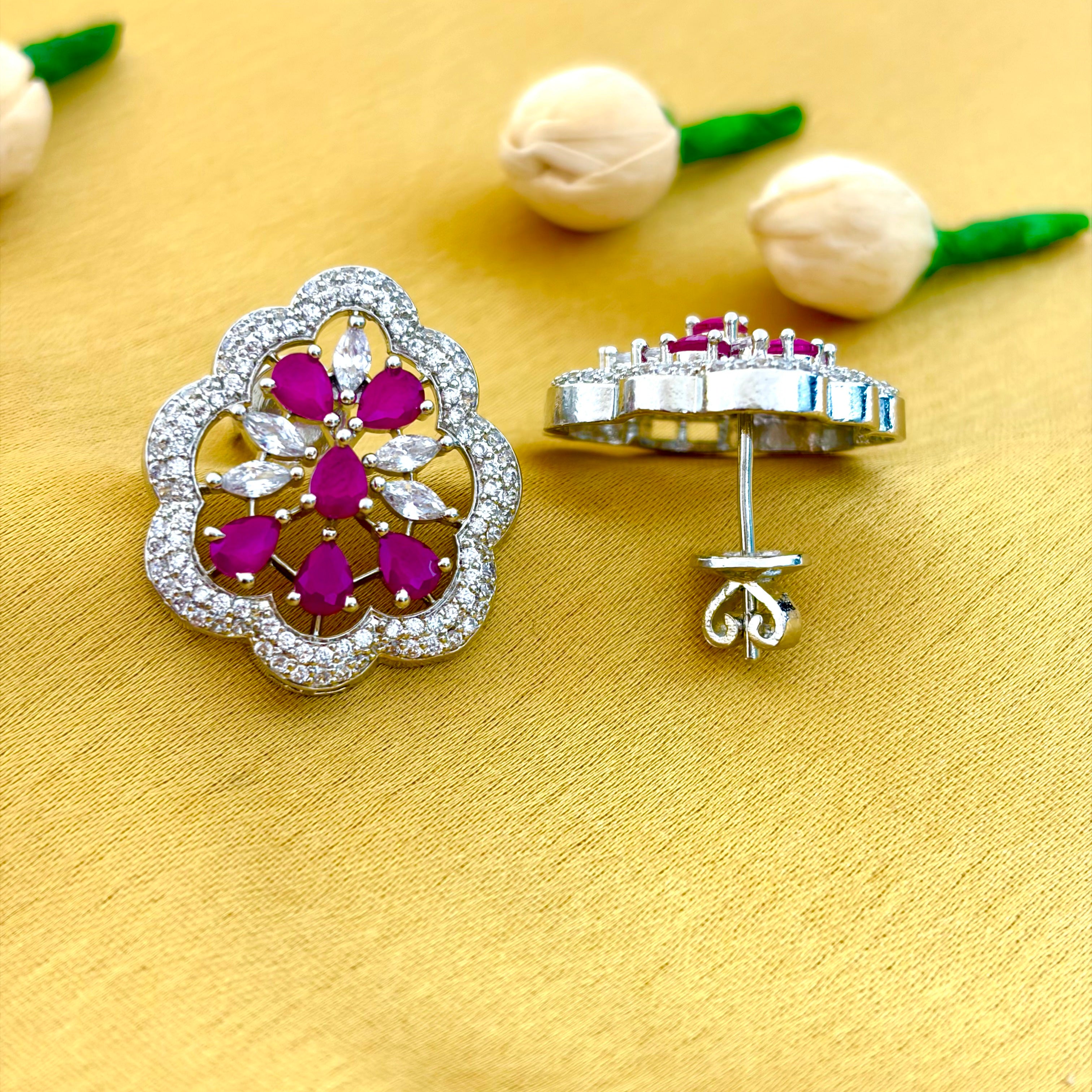 92.5 Sterling Silver Ruby-Pink Cubic Zircon Floral Stud Earrings