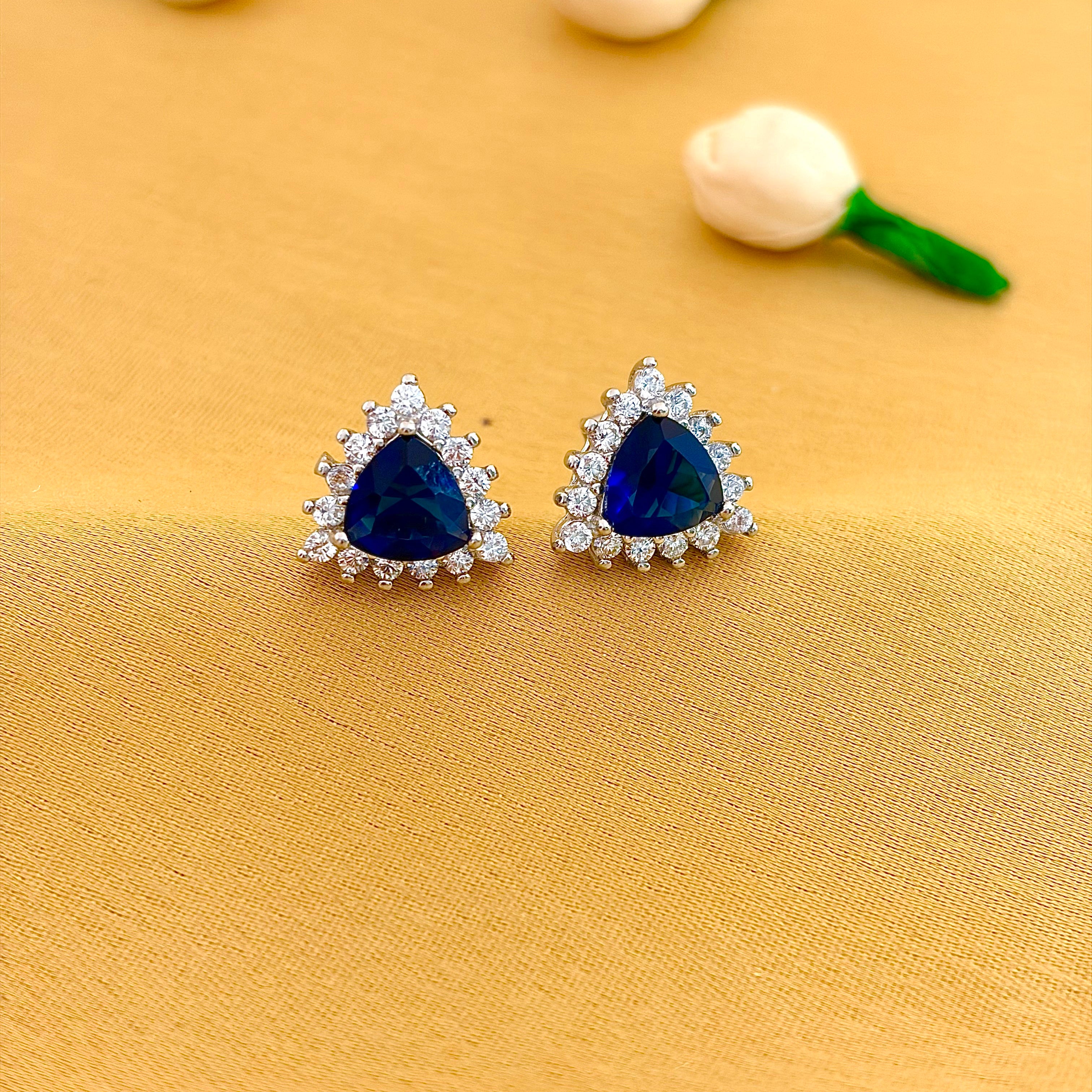 92.5 Sterling Silver Blue Trillion Halo Stud Earrings