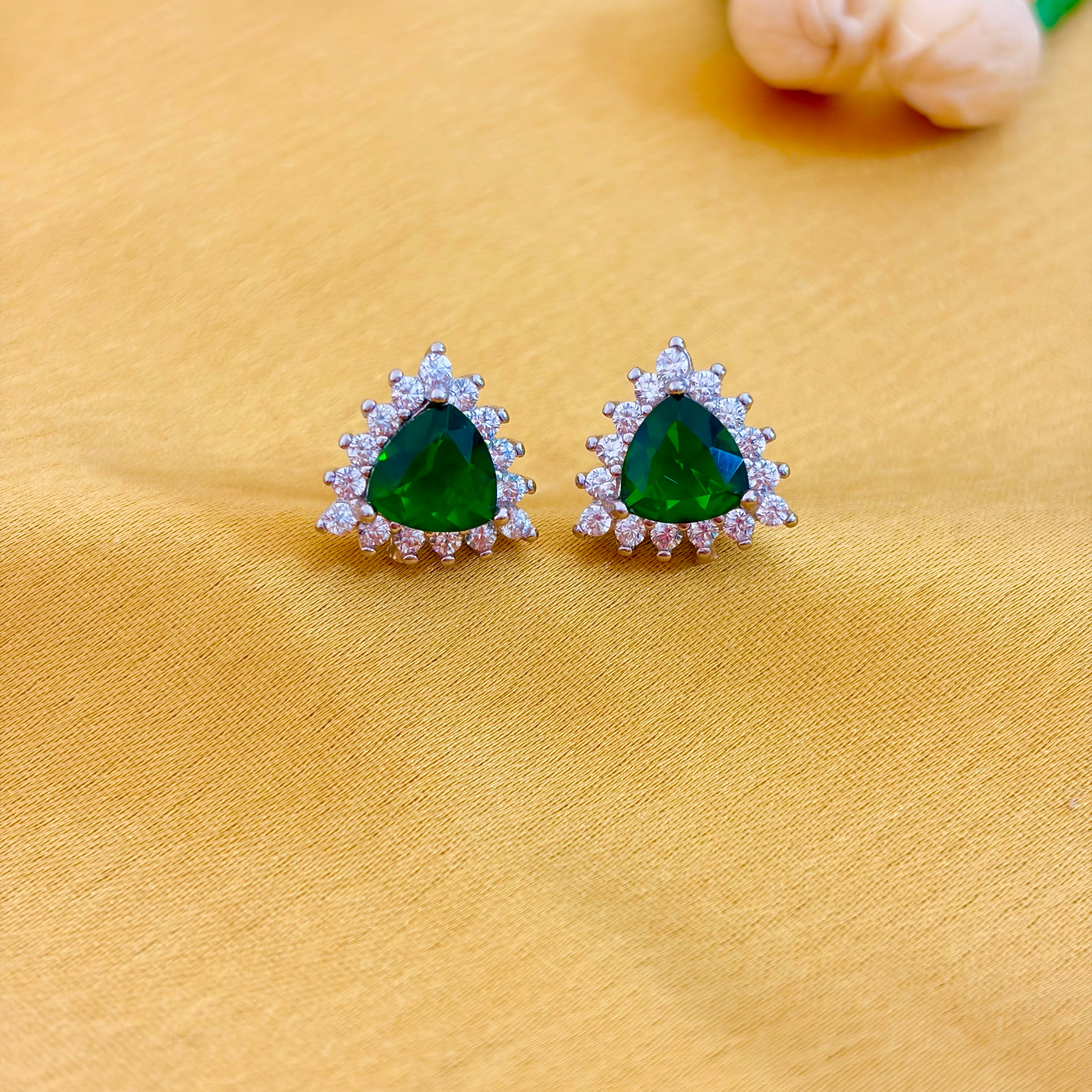 92.5 Sterling Silver Emerald Trillion Halo Stud Earrings