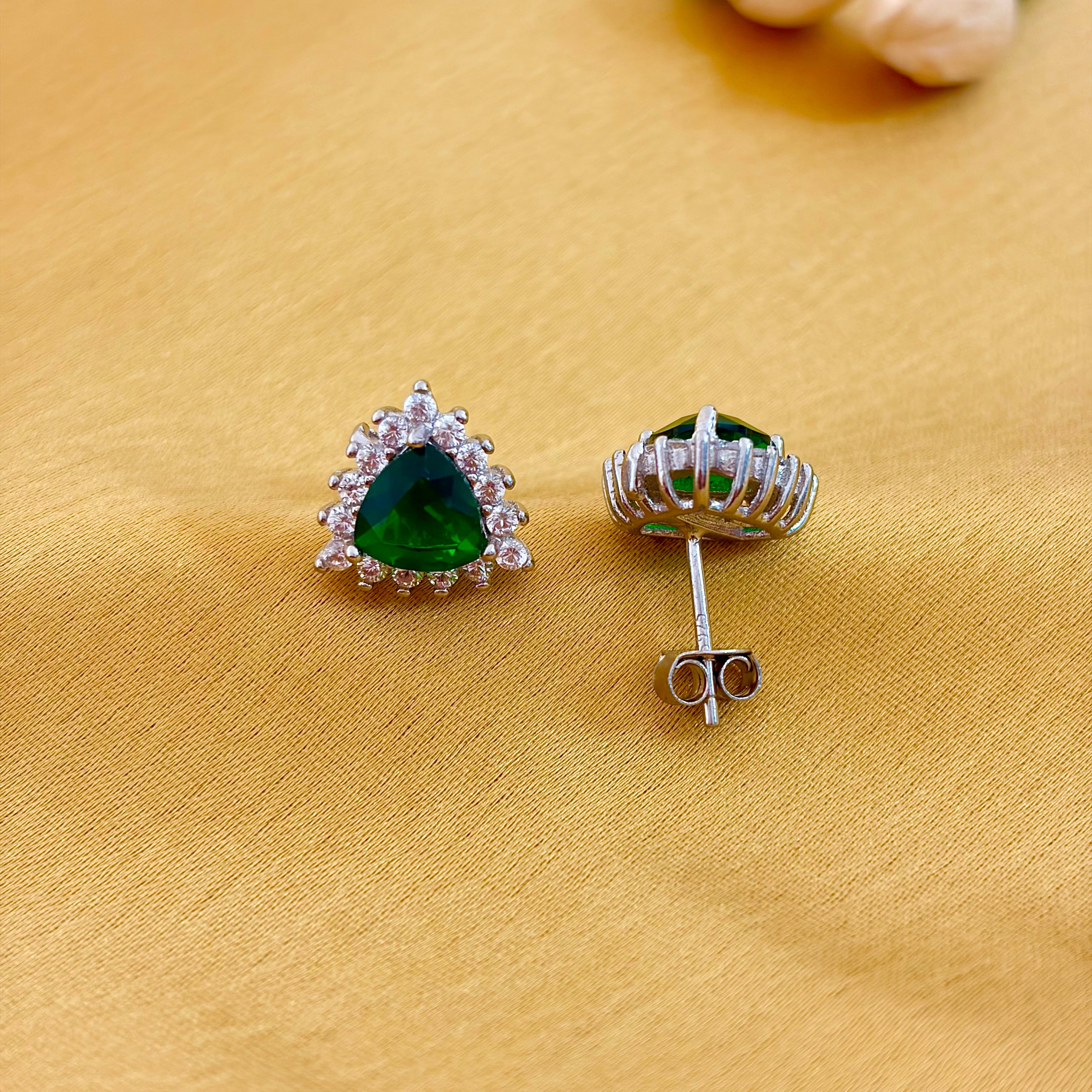 92.5 Sterling Silver Emerald Trillion Halo Stud Earrings