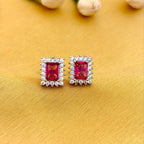 92.5Sterling Silver Ruby Rectangle Halo Stud Earrings