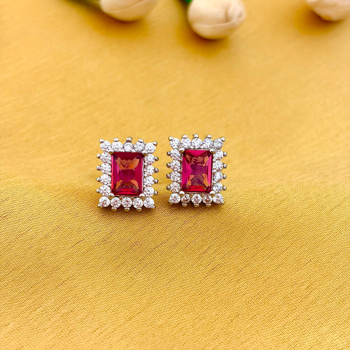 92.5Sterling Silver Ruby Rectangle Halo Stud Earrings