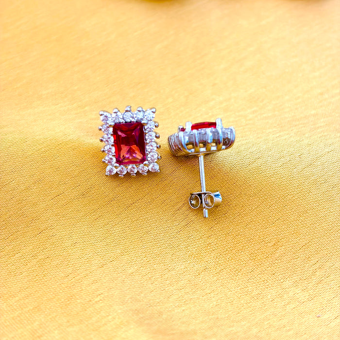 92.5Sterling Silver Ruby Rectangle Halo Stud Earrings