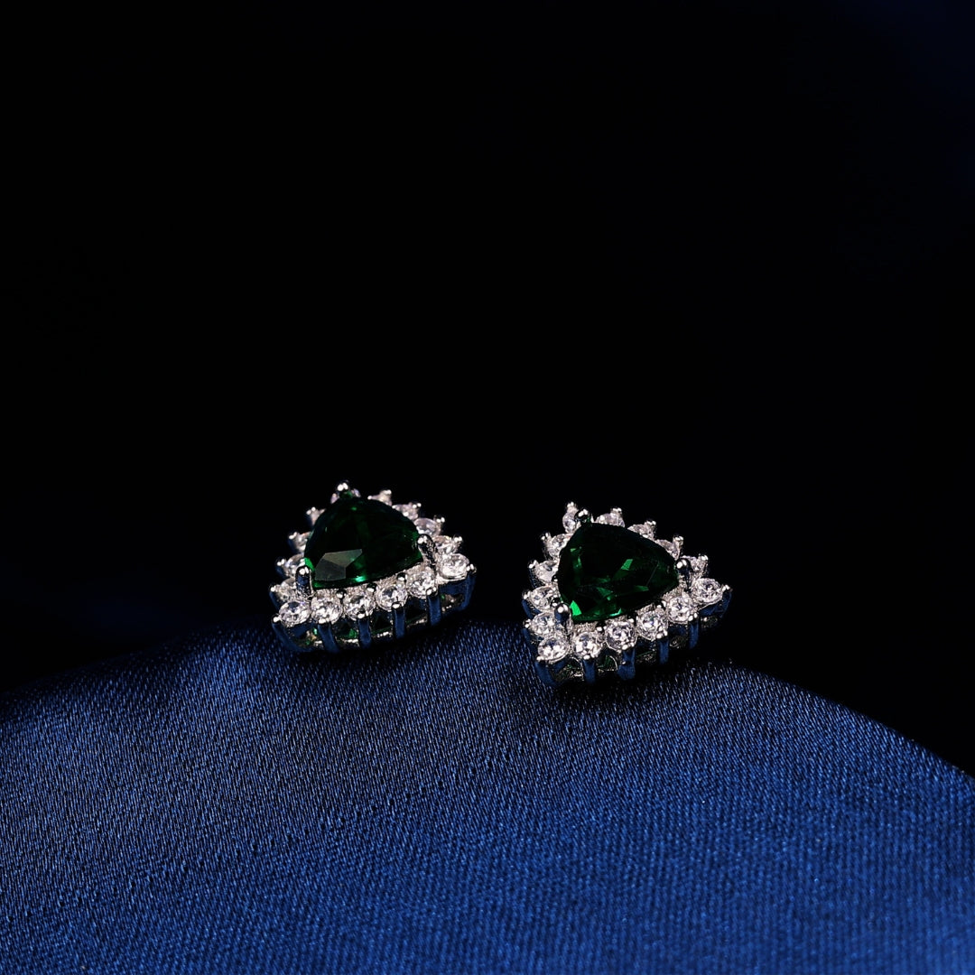 92.5 Sterling Silver Emerald Trillion Halo Stud Earrings
