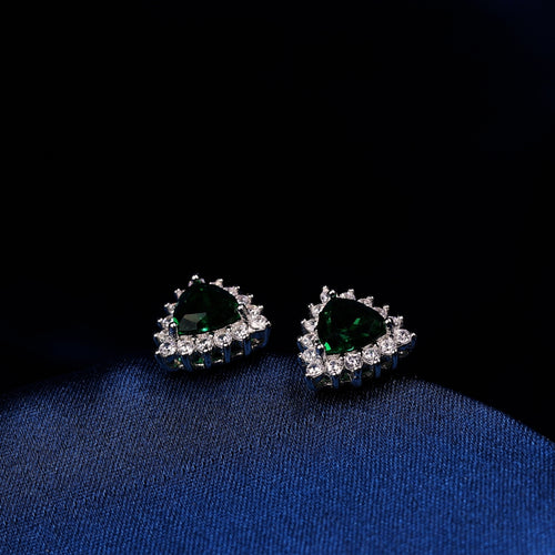 92.5 Sterling Silver Emerald Trillion Halo Stud Earrings