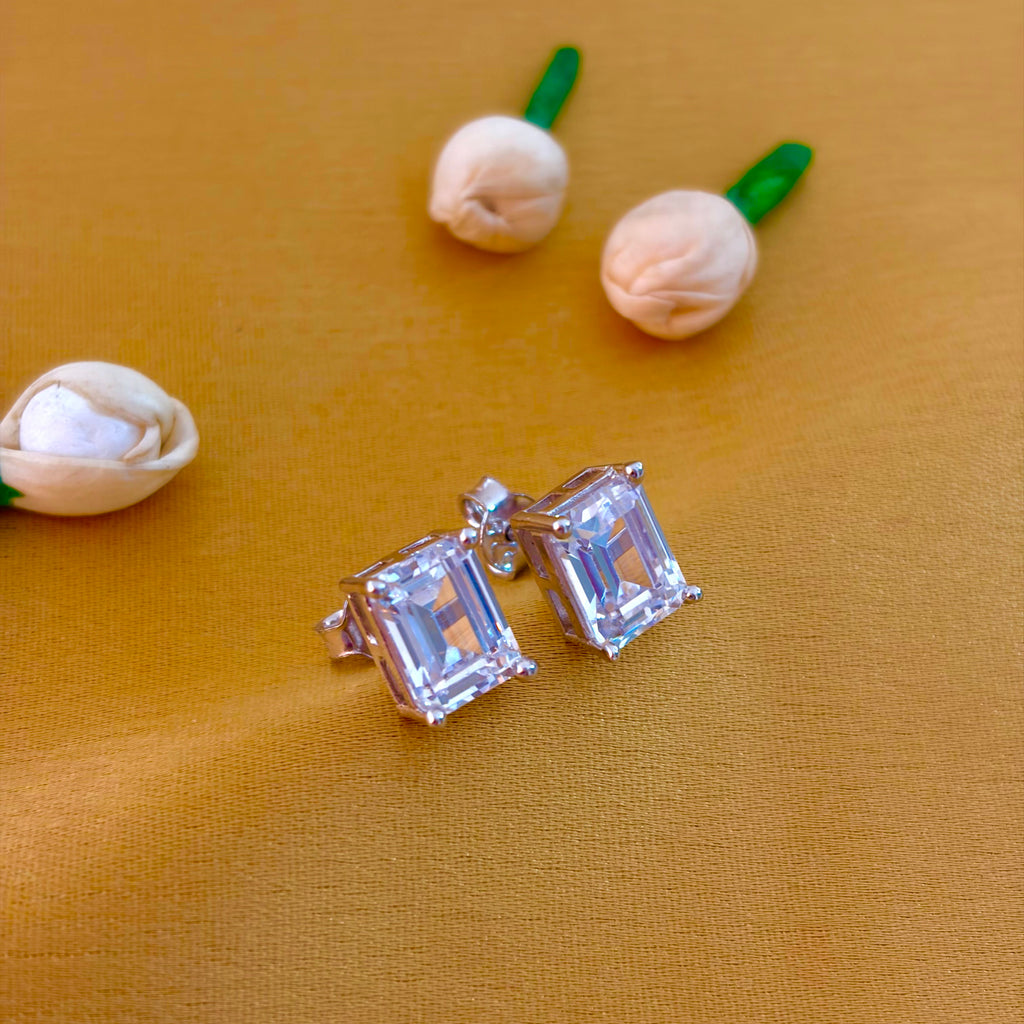 92.5 Sterling Silver Emerald Cut Solitaire Stud Earrings