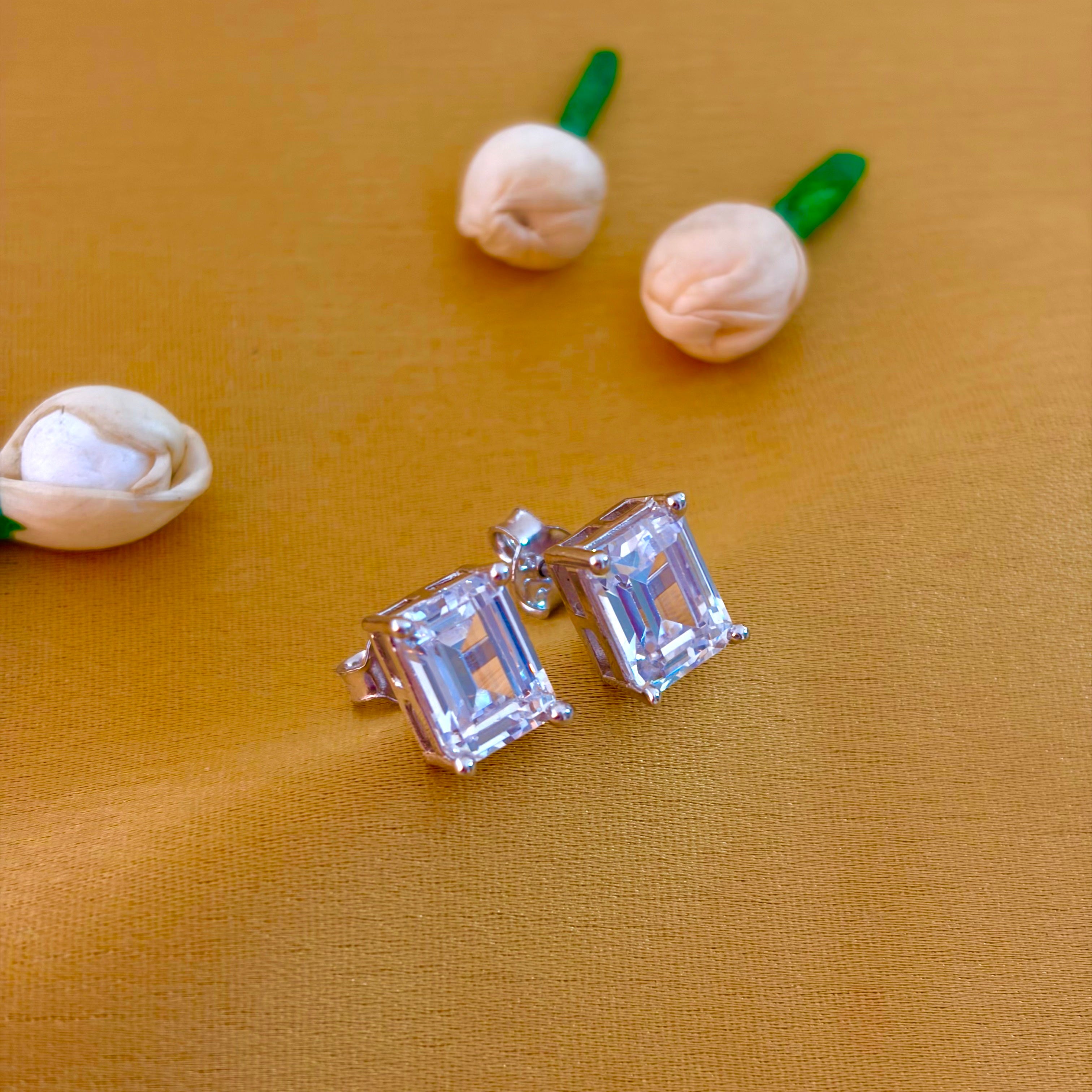 92.5 Sterling Silver Emerald Cut Solitaire Stud Earrings