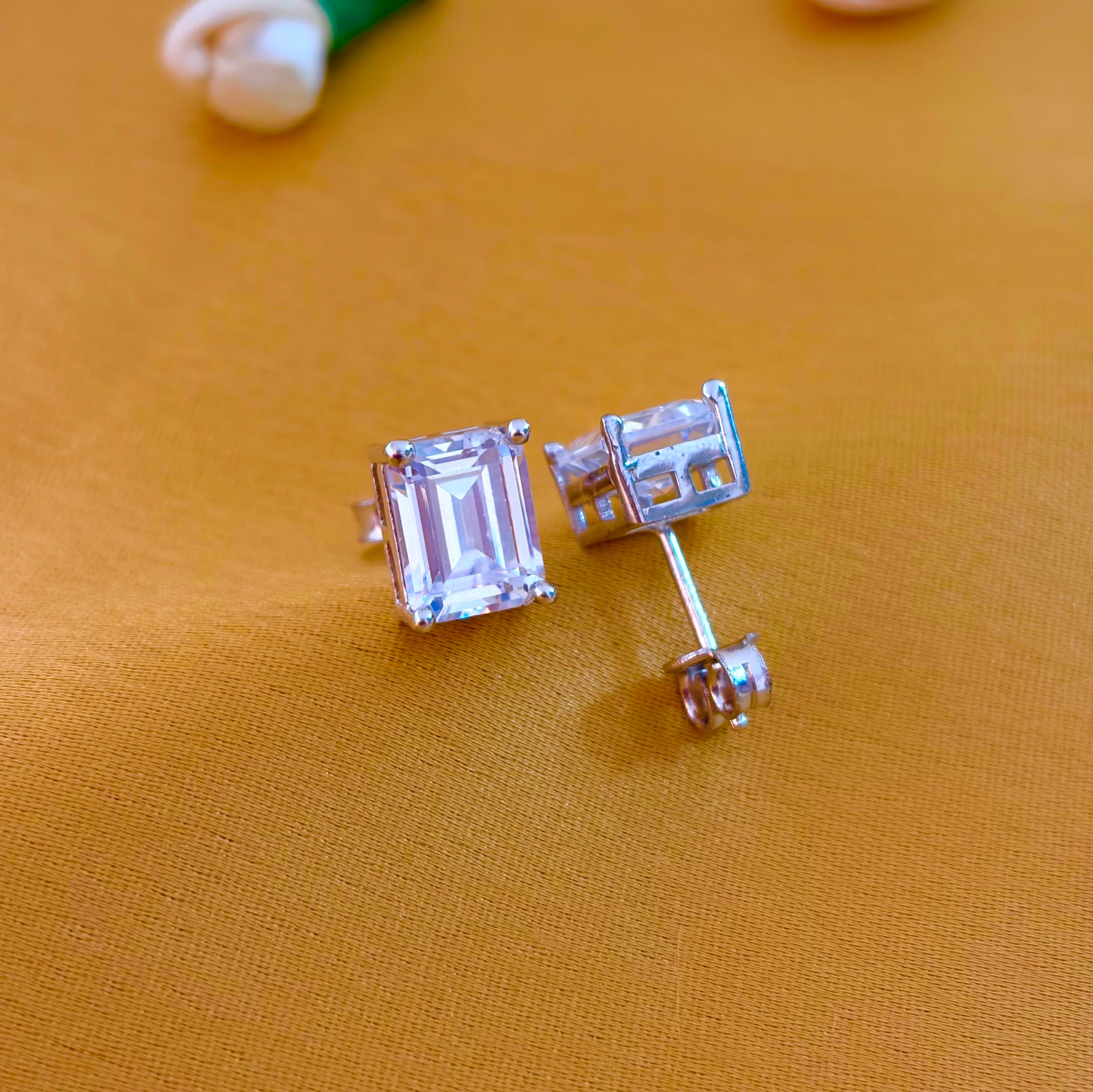 92.5 Sterling Silver Emerald Cut Solitaire Stud Earrings