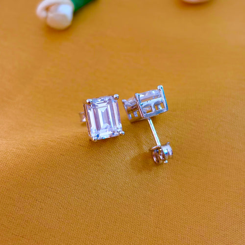 92.5 Sterling Silver Emerald Cut Solitaire Stud Earrings