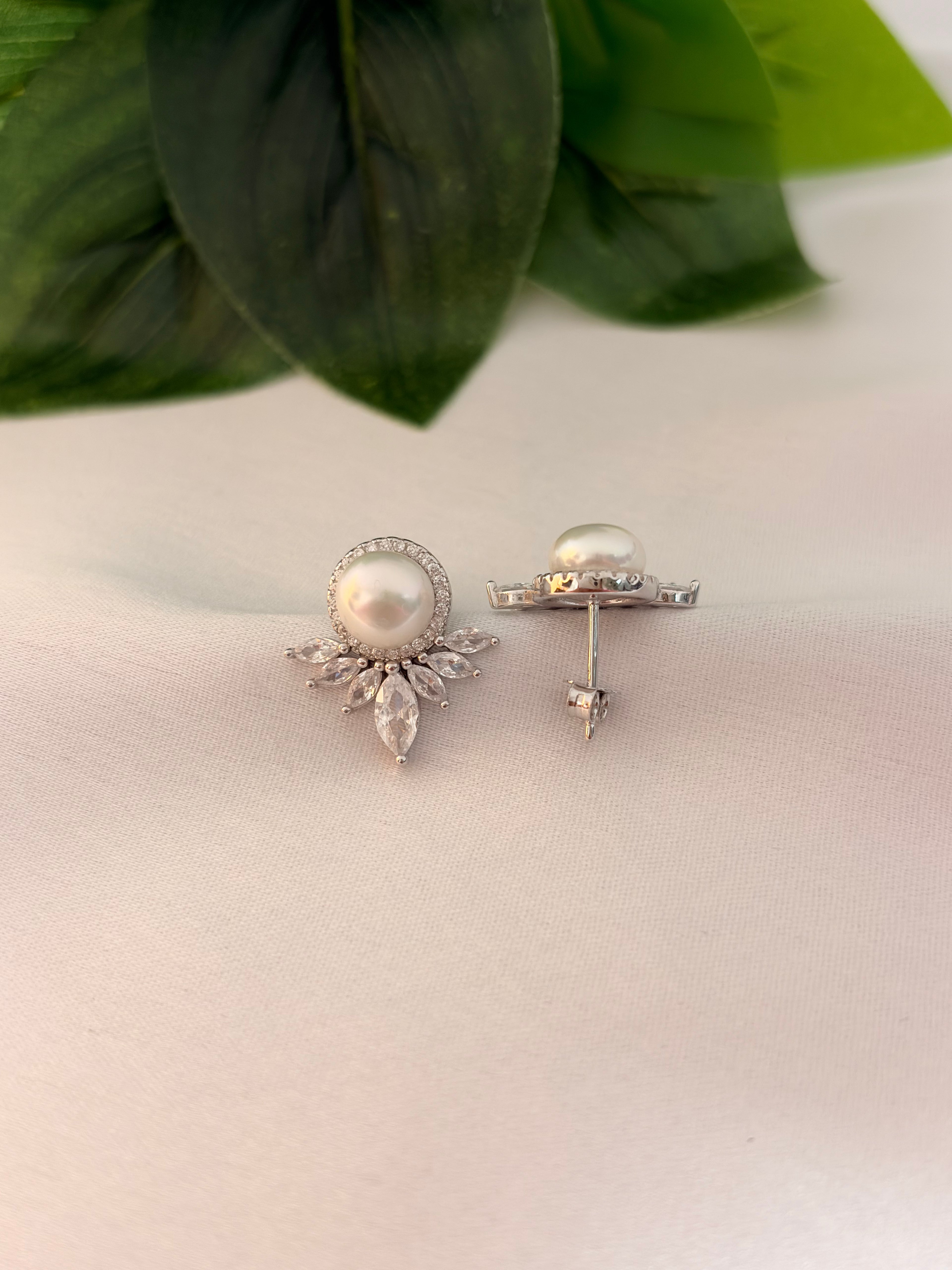 Pearl Halo Floral Drop Stud Earrings