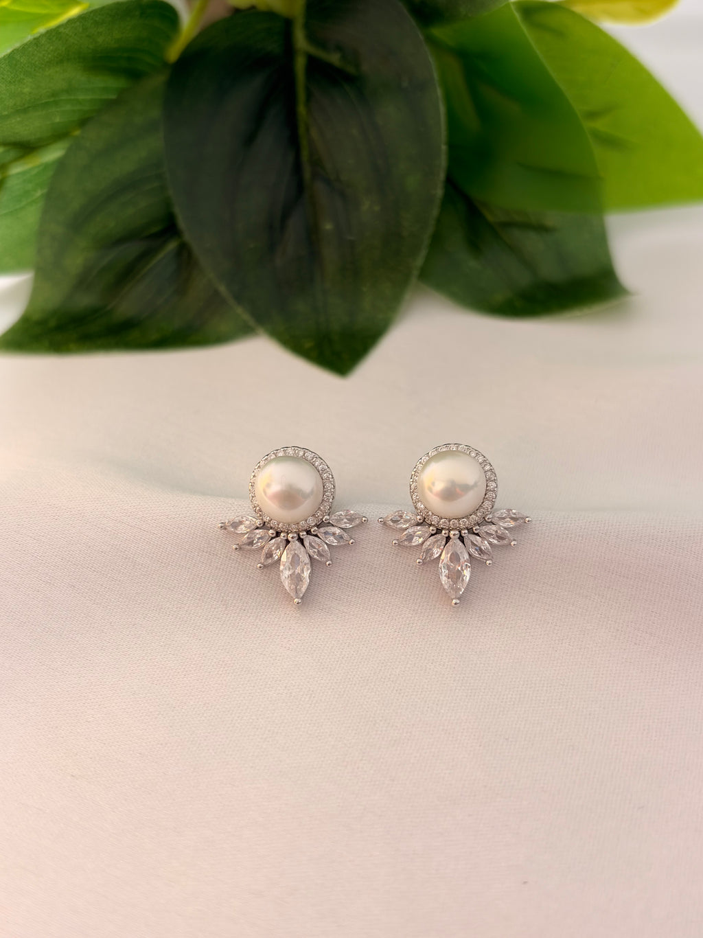 Classic Pearl Halo Stud Earrings with Crystal Fan Detail